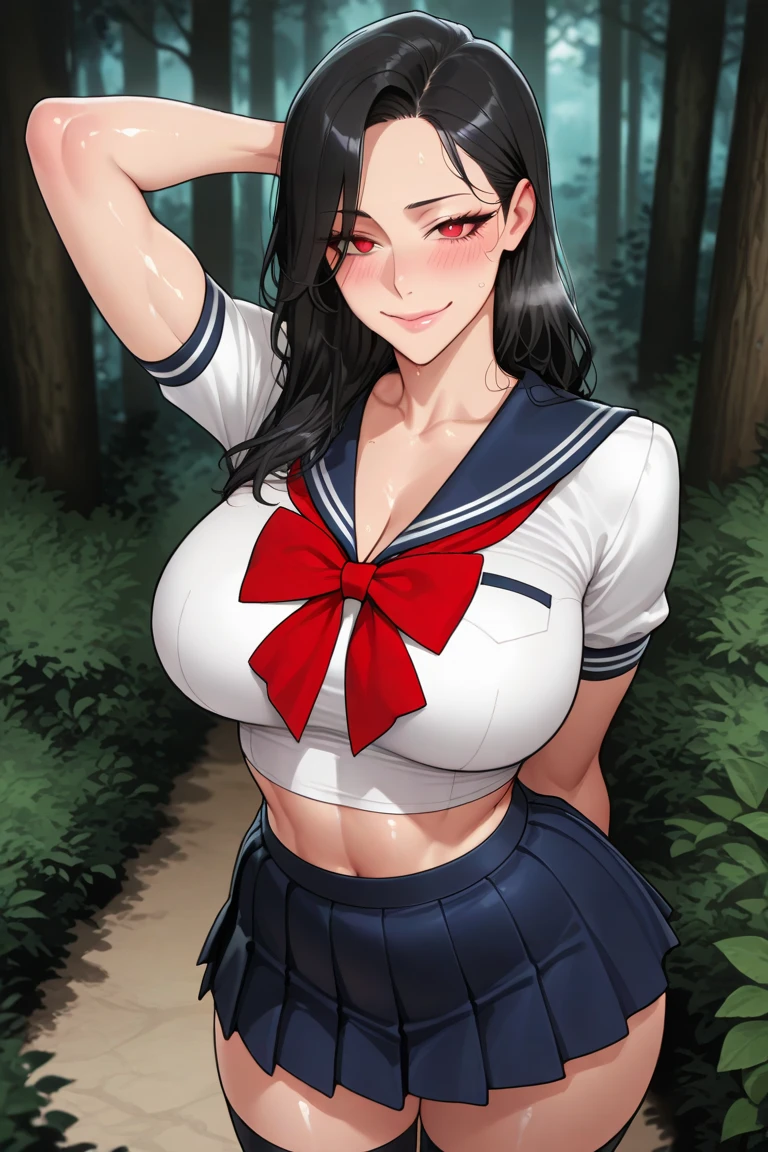 (perfect body),highest quality,16k、Masseter muscle part、((NSFW))、((blush))、((((embarrassing))))、:d、one eye closed、(obesity)、Tree Fe○lumes、short hair、(red eyes),black hair、((Sweat))、(big ass)、((huge breasts))、((thick thighs))、(white bodysuit)、Mini skirt with light blue ruffles、white knee socks、(on stage)、Glasses、(legs spread)、headset、pink panties、Panchira、Cheerleader、raise the right leg、both armpits、Hands behind the head、I have a pom pom