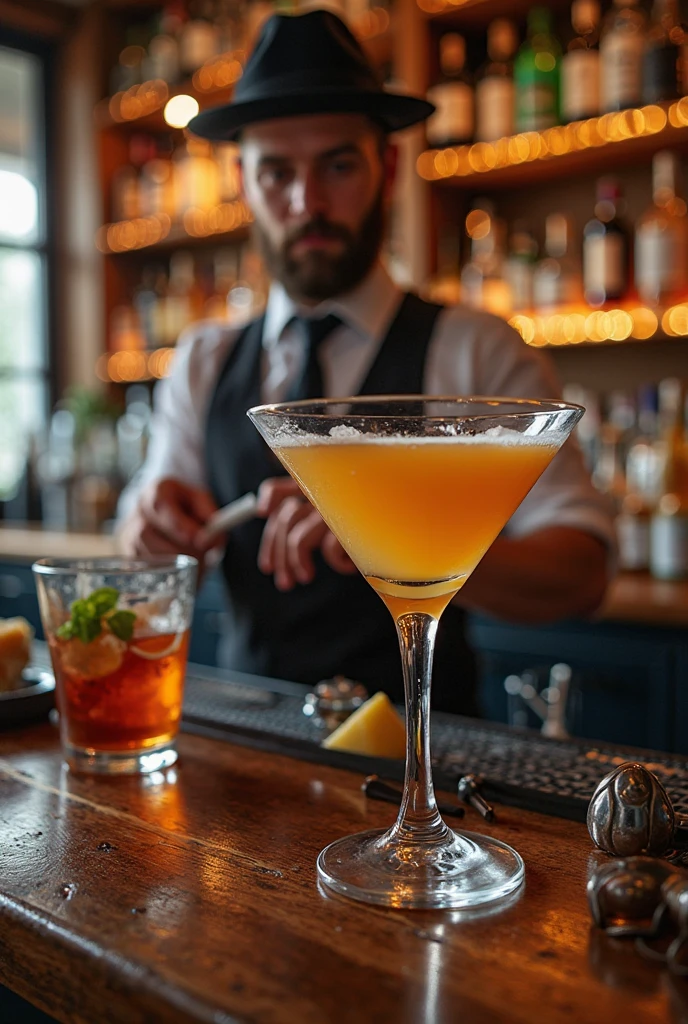 Authentic BAR,( The bartender's right thumb was amputated at the second knuckle.), steampunk,1800's Mojito, Spectacular landscapes, , Extremely precise movements, A sublime and delicate work, Cocktail, masterpiece, 8k, high quality, Hands are a key element in the scene, The hands are very realistic and sharp,I don't draw my face,Wine Bottle Background、Dark interior