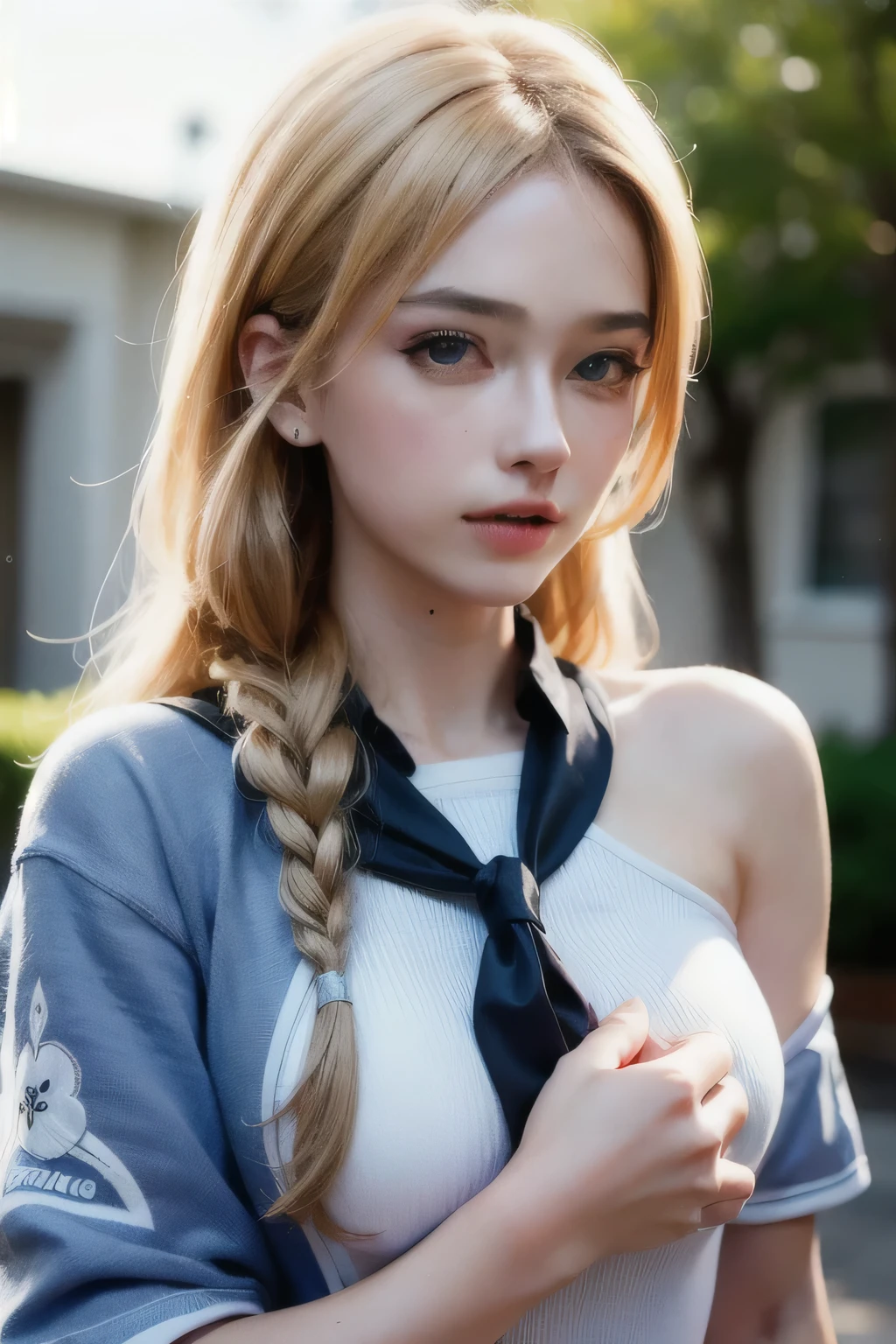 solo,alternate costume, black dress, blonde hair, braid,cleavage, cross, cross necklace, dated, dress, habit, jewelry, long hair, long sleeves, necklace, nun, one-hour drawing challenge, own hands clasped, own hands together, closed eyes,praying, side braid, parted lips, solo, upper body, wavy hair, church,(steaming body),(gigantic breasts),huge breasts,