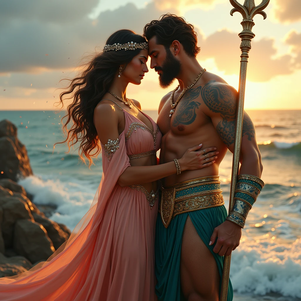 Megara and Hercules, captured in a candid moment during a celestial celebration, the scene illuminated by radiant stars and divine lights, Realistic photography, using a prime lens (50mm) to focus on the couple amidst the divine revelry