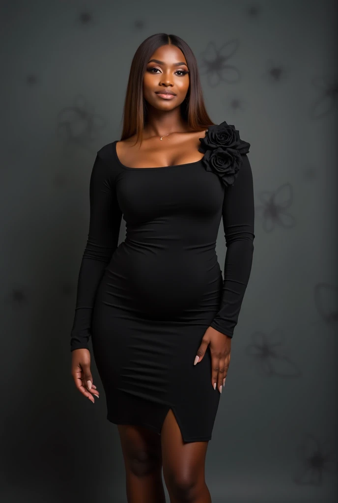 (best quality, ultra-detailed, realistic:1.37),portrait,voluptuous woman,flower,tight dress, Random dress color, passionate look,large buttocks,vibrant colors,soft lighting, standing, full body view, extreme tall, long legs, very tall, tall, black skin