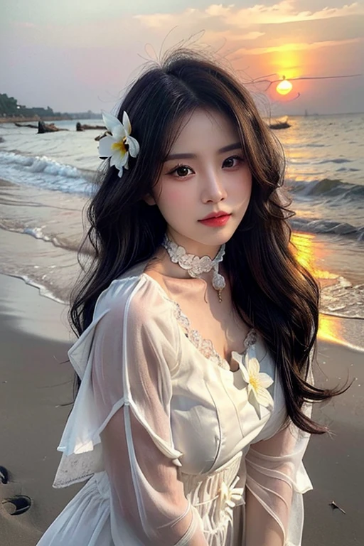 Beautiful woman with perfect body：1.4，Prominent cleavage，Layered Hairstyle，Highly detailed face and skin textures，Double eyelids，Skin Whitening，Long hair，Whitened long legs，（Bunny Girl，Collar），Standing by the sea