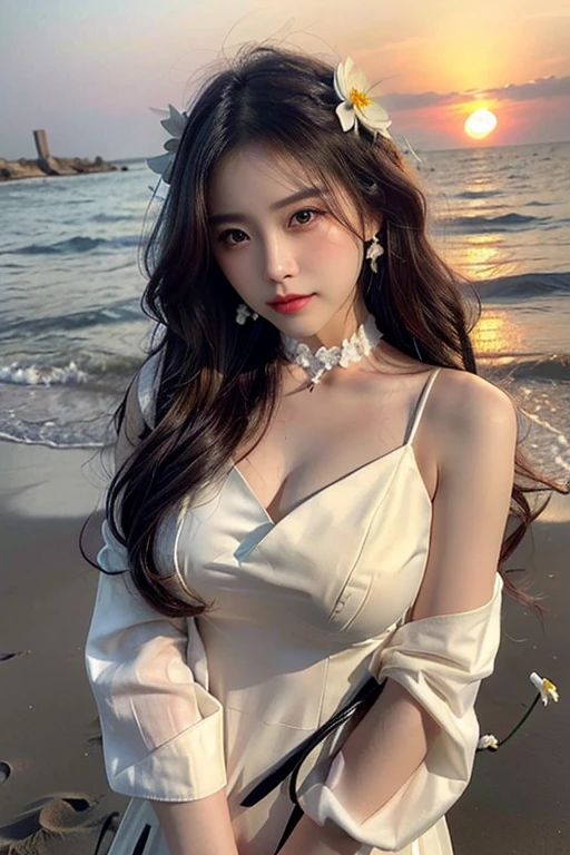 Beautiful woman with perfect figure:1.6,Ultra-high resolution,4K,Sailor Suit,Beach Background,Long hair,Big Breasts:1.8,cute,White legs,(Lifelike:1.4),Layered hairstyle,White skin,whole body,Very delicate face and skin texture,Double eyelids,Skin Whitening,