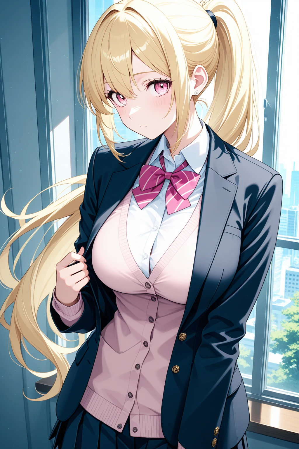 (High quality, High resolution, Fine details), Hotel at night, long twintail, cat ears, Glasses, Pink Sailor school uniform, solo, curvy women, blond hair, sparkling eyes, (Detailed eyes:1.2), smile, blush, Sweat, Oily skin, shallow depth of field
