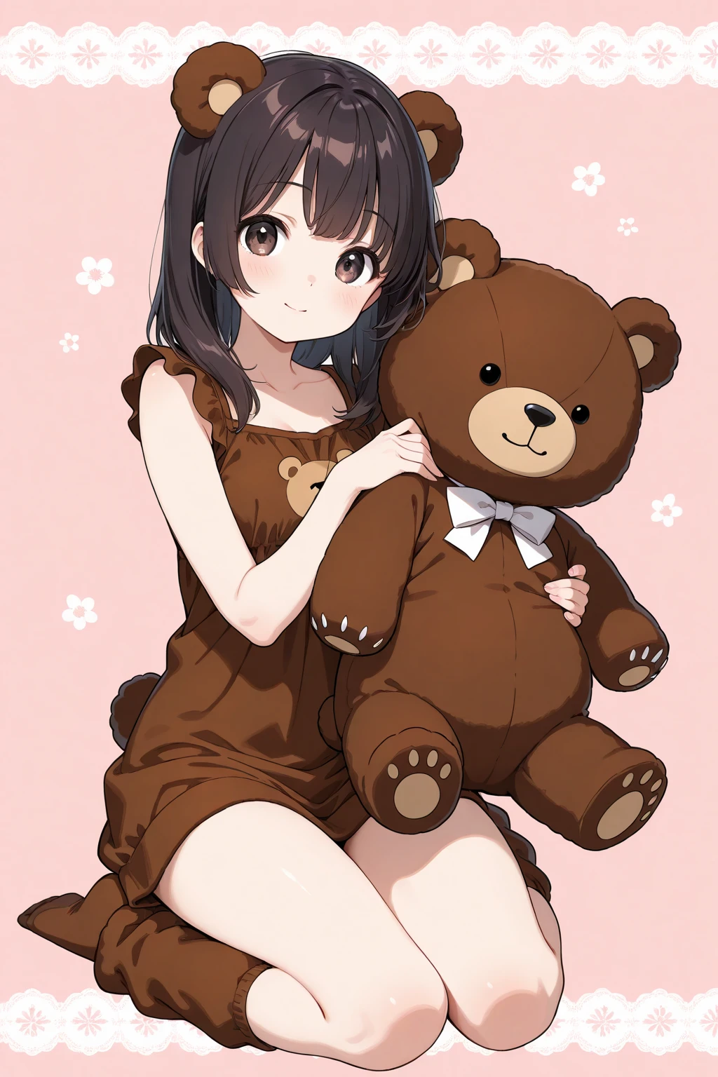 beautiful cute girl,((brown hair:1.2)),(Medium wave hair:1.1),(Starlight beige eyes:1.2),((life size bear:1.1)),(cute bear:1.2),((lots of bears:1.0)), (large size bear:1.3),((lace:1.2)),(首を傾げる:1.3),((Happiness:1.1)),(sitting on the floor with one's legs tucked under to one side:1.15),close-up Face,((play room:1.0)),((Zooerasty:1.1))