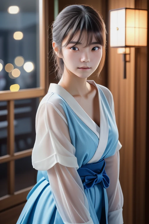 (masterpiece, highest quality, beautiful girl, alone, gardenia, 8K, official art, RAW photo, 詳細なblue eyes, 2 loaves of bread, classic yukata, Ten generations, shy, medium curve body, blue eyes, soft smile