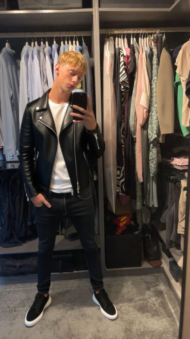 there is a man sitting on a stool taking a picture of himself, wearing black tight clothing, michal, twitch streamer / gamer ludwig, style of anton fadeev, 18 years old, skintight black clothes, profile image, wearing black sith uniform, wearing in black clothes, leathery, twink, leather, androgyny, androgynous