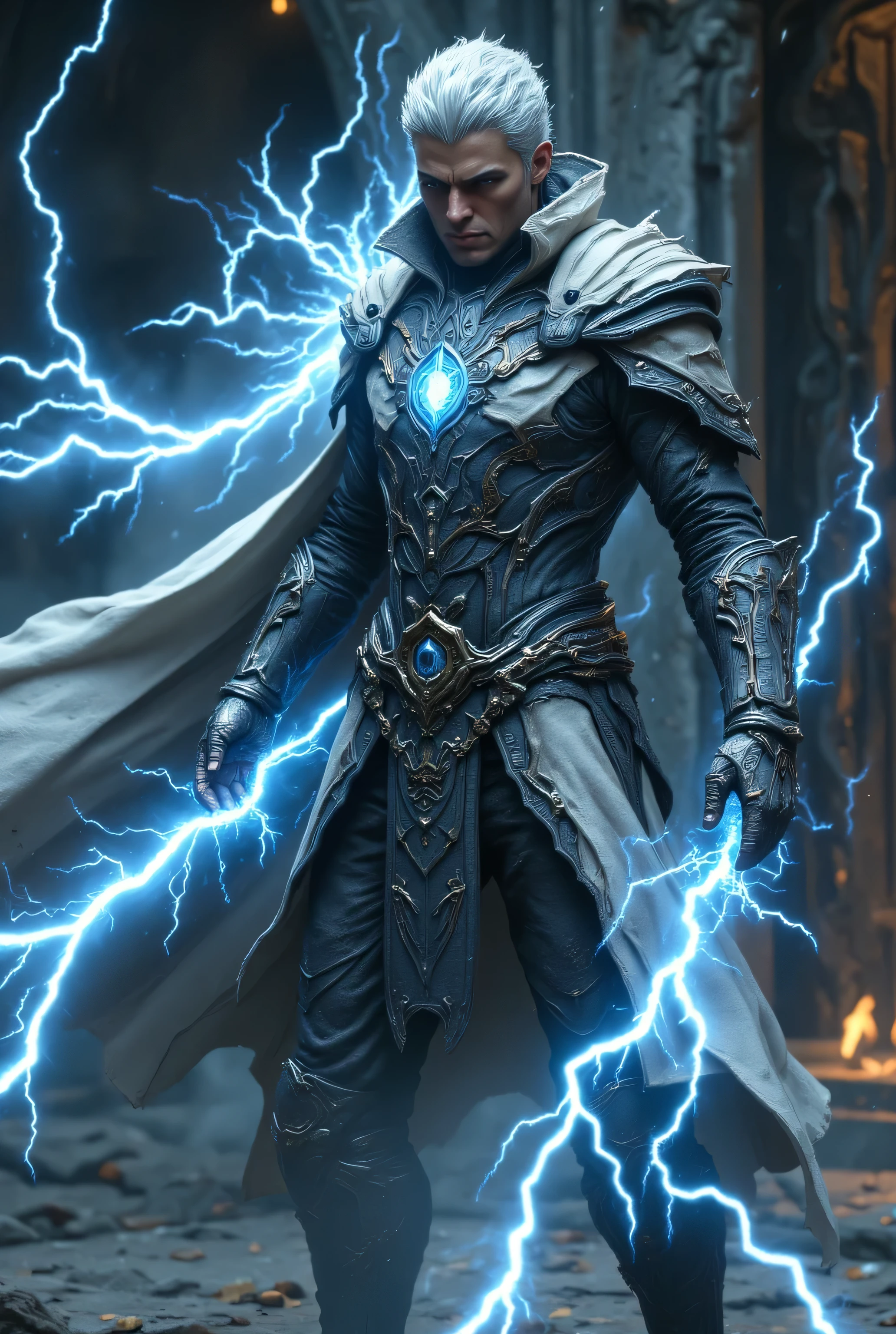 Full body image toes to the top of the head and this man wears a whipped leather armor made of gray white make me a 25-year-old man with short white hair with silver hair and narrow green eyes . He is using a Storm Forged Sill Plate - A blackened steel window sill plate with lightning veins Running all over it , pulsing like real rays when Knite accumulates energy . The center has a symbol of a glowing storm , that reacts to your emotions . Cloudy Cloak with Lightning Finish — A long , dark gray cover with semi-transparent edges that seem to transform into mist at the ends . The lower sheath crackles with blue and white rays , sending small sparks Into the air when it walks . and to the lower part of the body are Fog Woven Pants — Dark blue-tempestuous pants that change and blur like mist , making it difficult to track your movements . The fabric seems weightless , allowing it to move like the wind . Boots Forged in the Storm — Lightweight boots , but powerful , enchanted to allow it to hover slightly above the ground when moving at maximum speed . They leave traces of faint rays at every step . make a close up image of 50% close up