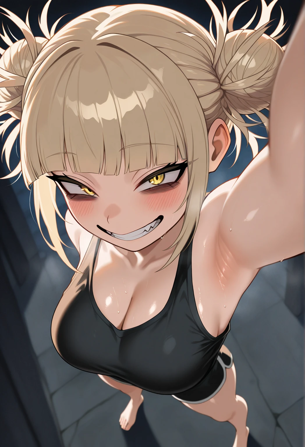 a drawing of a girl with braids and a black top, ;boca aberta, Ahegao, cara Ahegao, Retrate uma mulher como Reol, with a tentacle - shaped tongue, com a boca aberta, Tongue out, Arte digital de Danganronpa, Shikami, criatura carnuda acima de sua boca, em estilo anime