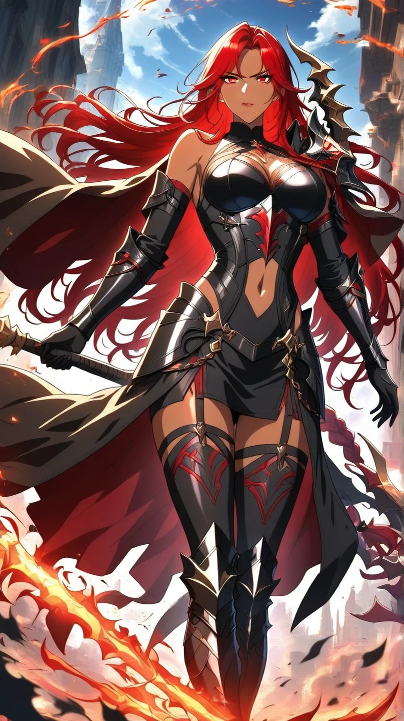 A beautiful anime-style girl with long red hair,(((detailed)))Red Eye,Transparent hair,(((detailed)))Evil Eye,rage,Extreme Beautiful Girl,(((detailed)))A beautiful girl with a well-balanced and glamorous body,Hourglass curves,Big Breasts,(((detailed)))黒色と赤色の際どい甲冑を着たExtreme Beautiful Girl,Bikini Armor,Animal bone ornament, (((detailed)))Medieval Armor, Cleavage, beautiful (((detailed)))Tan Skin,beautiful,(((detailed)))Full Body Shot,There are scars all over the body,(((detailed)))Wolf,Countless Scars,Armor on hands and feet,(((detailed)))fog,Red Moon,Mysterious Mountain,meadow of darkness。