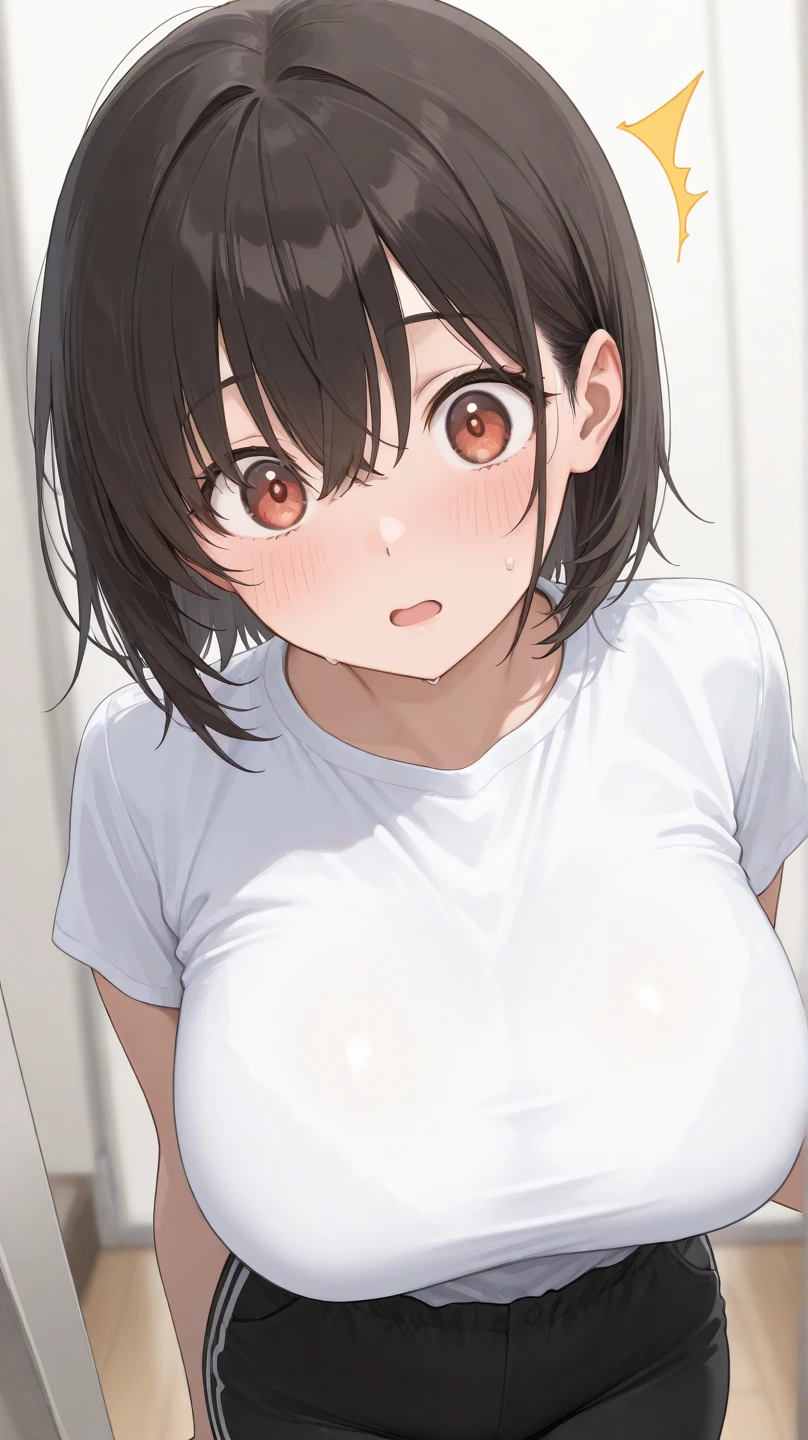 (head shot:1.2), (from above:1.2), frame in, from right in front of face and body, view straight on, upper body, High quality, very high res, High quality, very high res, cute girl, brown hair, forehead, blunt bangs, bob cut, blush, Brushed up bangs, wearing a plain t-shirt, shirt lift, medium breasts, pale pink nipples, I can see your belly button, (kneeling down pose), (a lot of cum on face:1.3), (cum in hair:1.2), pleated skirt, at office
