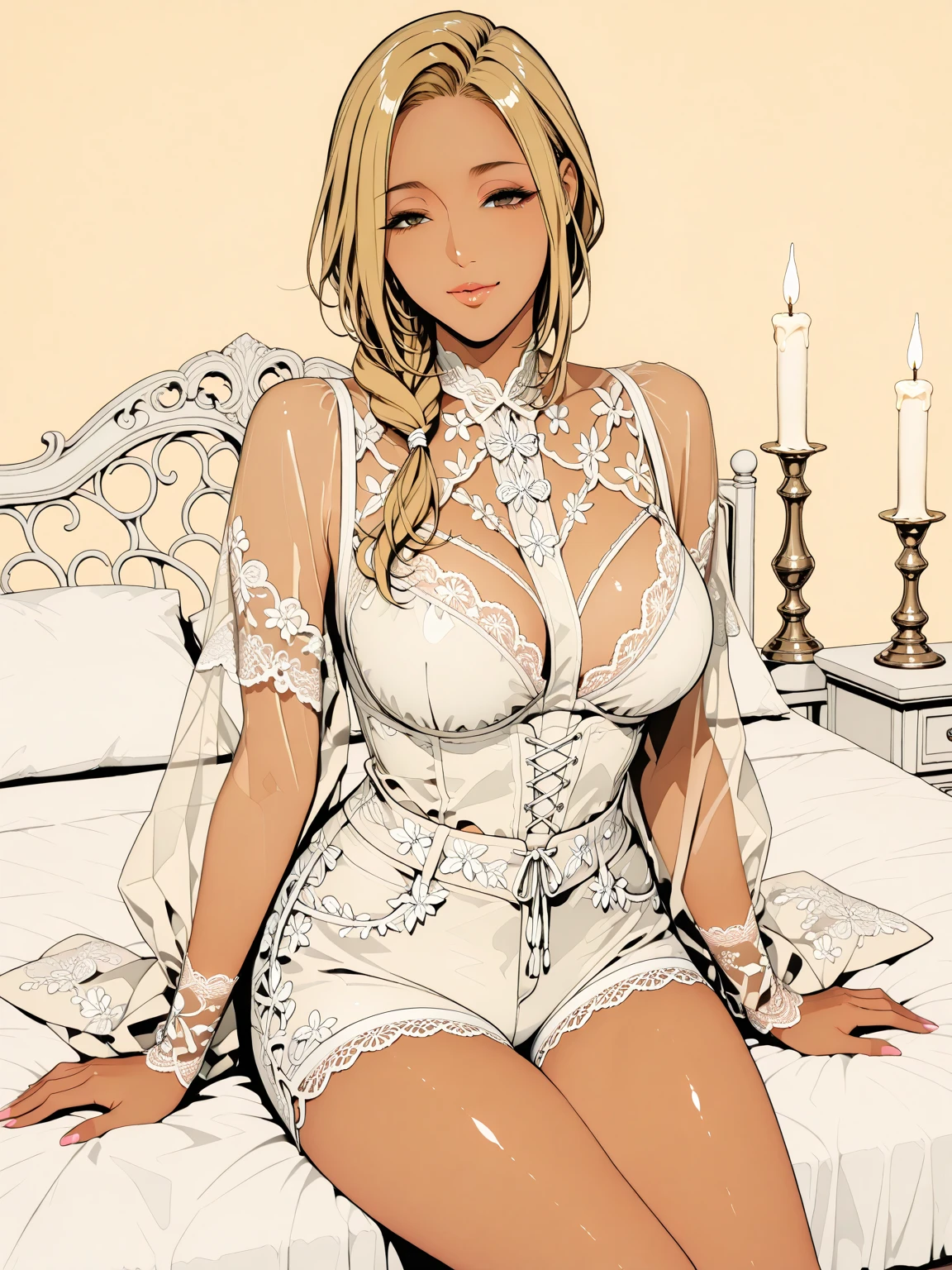(((top-quality、masterpiece)))、1girl in、A stunning、a blond、barechested、(a bed)、((on the beds))、(((marriage)))、an lingerie、(Sheer clothes)、(((Brown skin tone)))、sun burn、(((Colossal tits)))、large full breasts、Sheer areol、neck tie、Black underwear