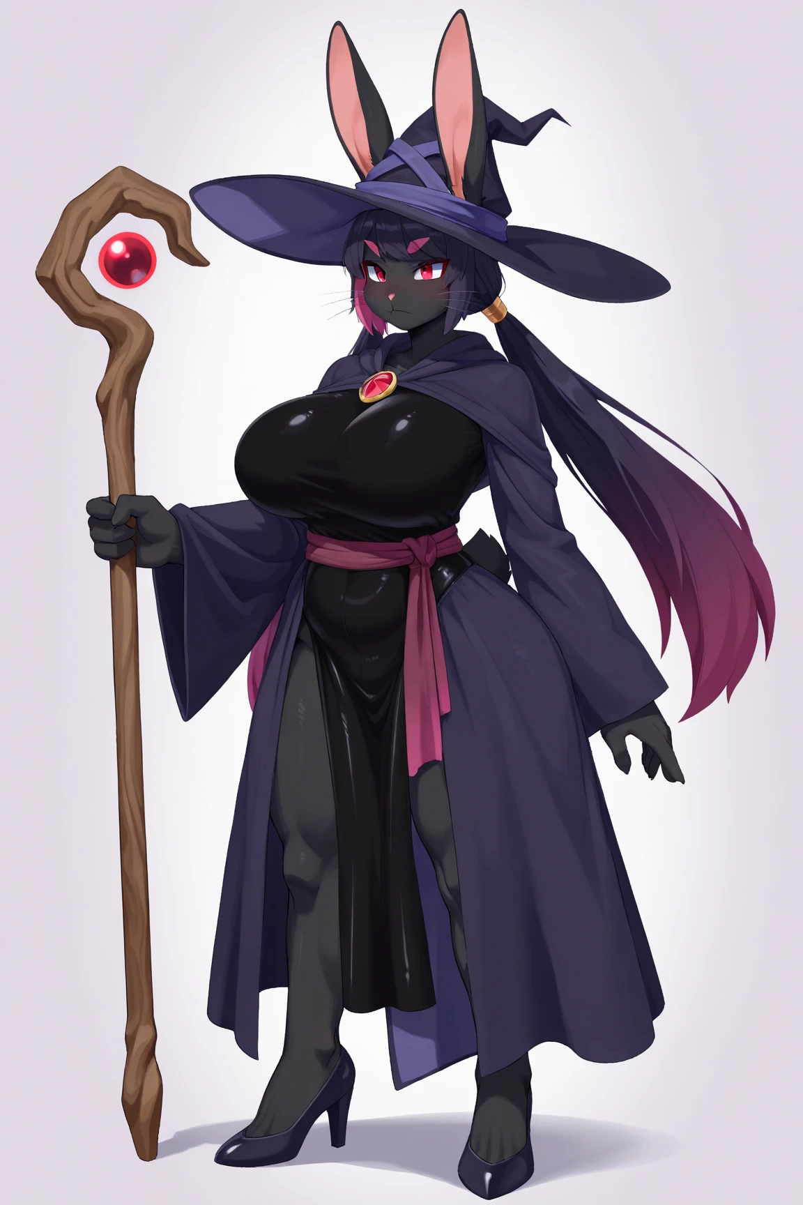 long black hair, straight hair, purple eyes, witch hat, magic staff, perfect body, sexy, rpg witch, fantasy witch, wizar robe, 25 years old, black clothes, black and purple palette, adult woman, round breasts
