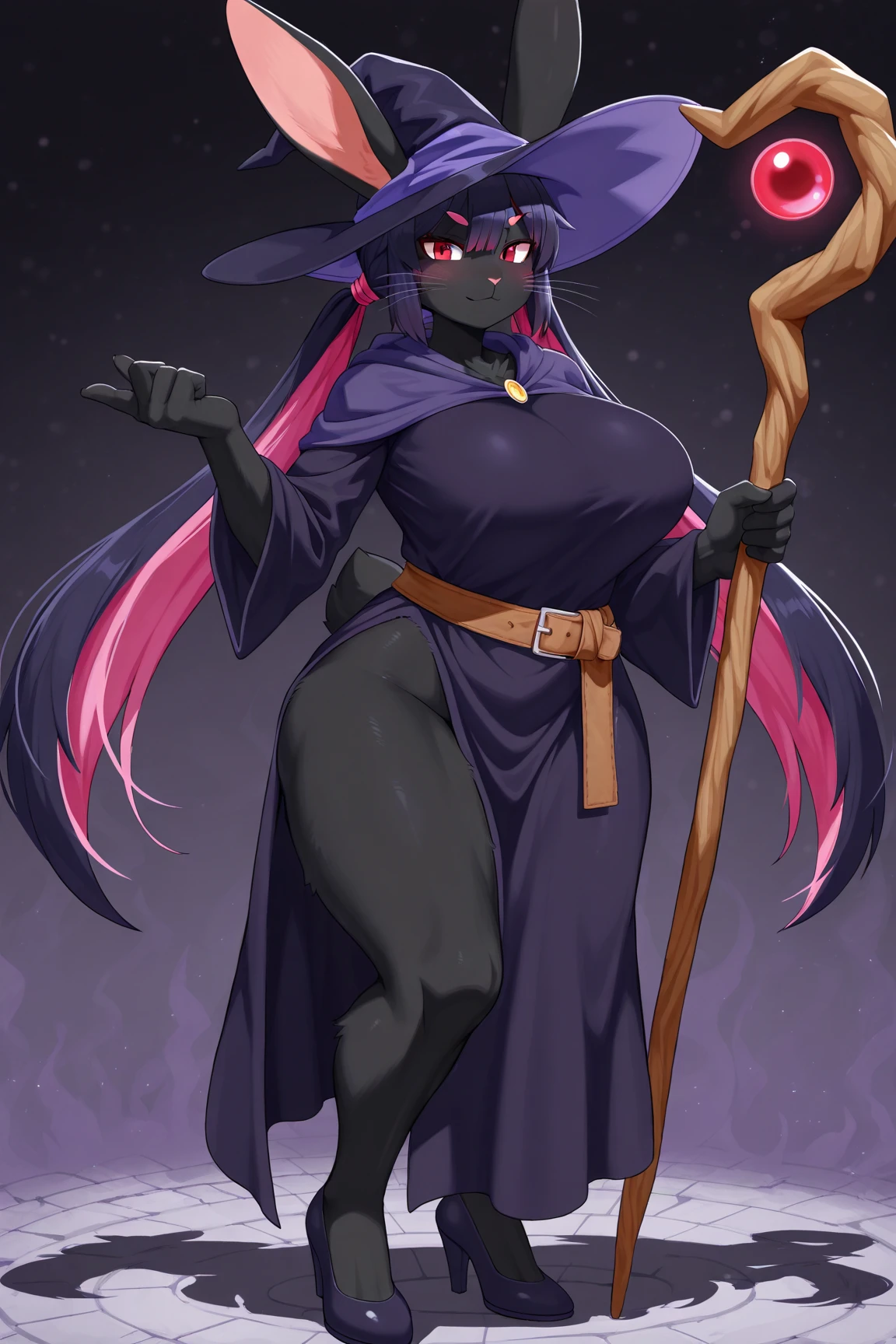 uploaded on e621, explicit content, (katahane3, naika, ruka, chobonolly, mmbct01), female, solo, pokemon, furry, zoroark, fox, black fur, black body, smile, big large breasts, natural breasts, witch outfit, purple clothing, revealing clothes, purple hat, purple cleavage, long witch purple robe, purple underwear, witch hat, thick thighs, wide hips, magic user, witch clothing, post-apocalypse, crumbling medieval city on background, late night, moon, dark alleyway, looking at the viewer, seductive, sexy, perfect_face, (masterpiece), best quality, highres, 4k, 8k, Detailed Illustration, intricate detail, cinematic lighting, amazing quality, amazing shading, soft lighting, close-up, portrait, rounded shape ass, from behind, back, rear back,