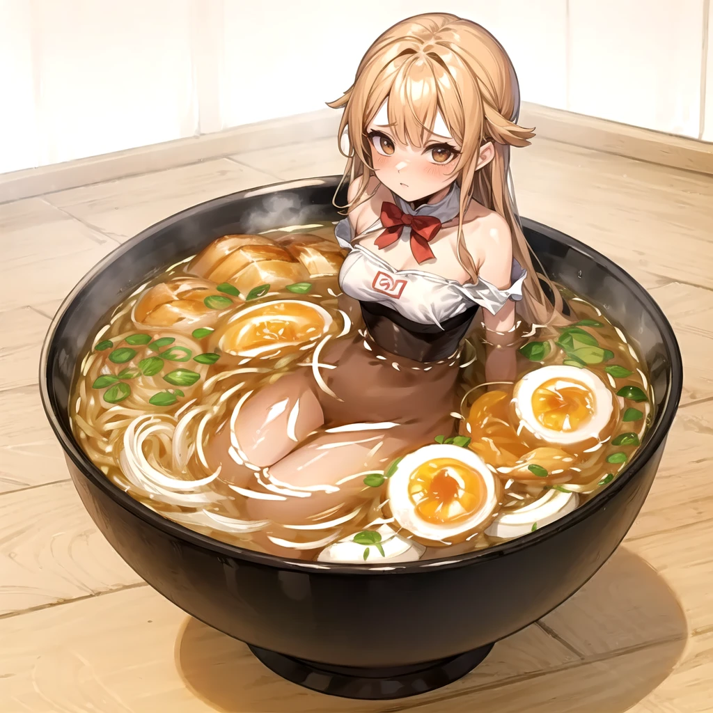 , asahinamomoko, Light brown hair, Hair Ribbon, White ribbon, One side up, Hair between the eyes, Very long hair, Pink Eyes. (wearing nothing:2),cooking, empty eyes, ICE CREAM, large breasts, 1girl,, pool, sea, , blue sky, nipple Alone