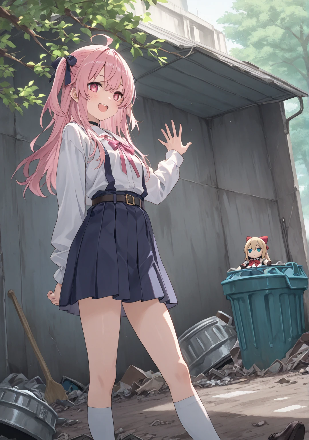 bend at the waist、Stick your ass out、skirt、Trying to lift a wooden box off the floor、Pink haired woman、blue eyes