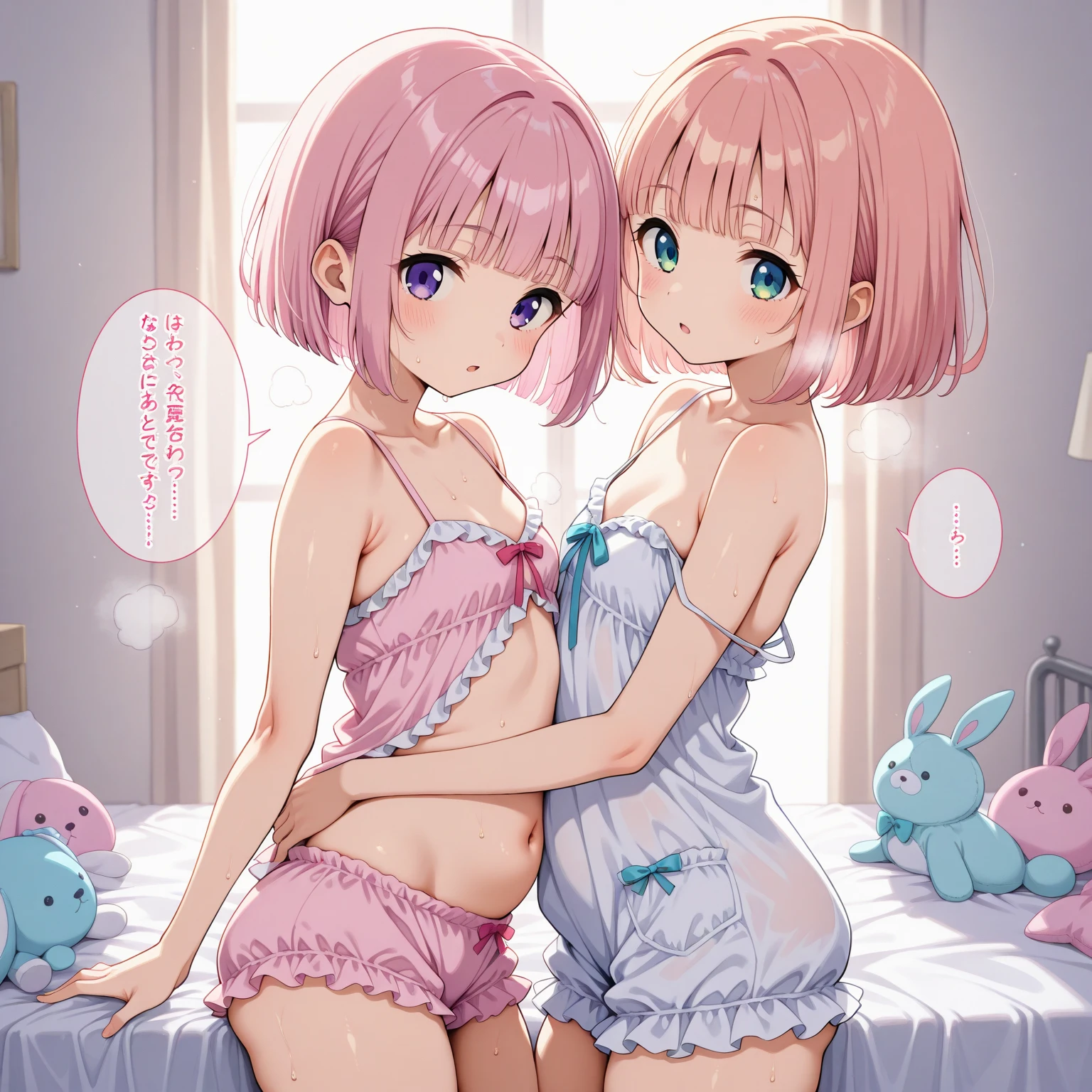  1 girls,  Are standing_Split, medium Hair, pink hair, cute white underwear, cute white dress, smile, ((32K)), ((best quality)), ((ultra high res)), ((HDR)), ((uhd)), ((extremely detailed CG)), ((unity 32K wallpaper)), ((perfect anatomy)), (cowboy shot), (to be reflected in a mirror ), 