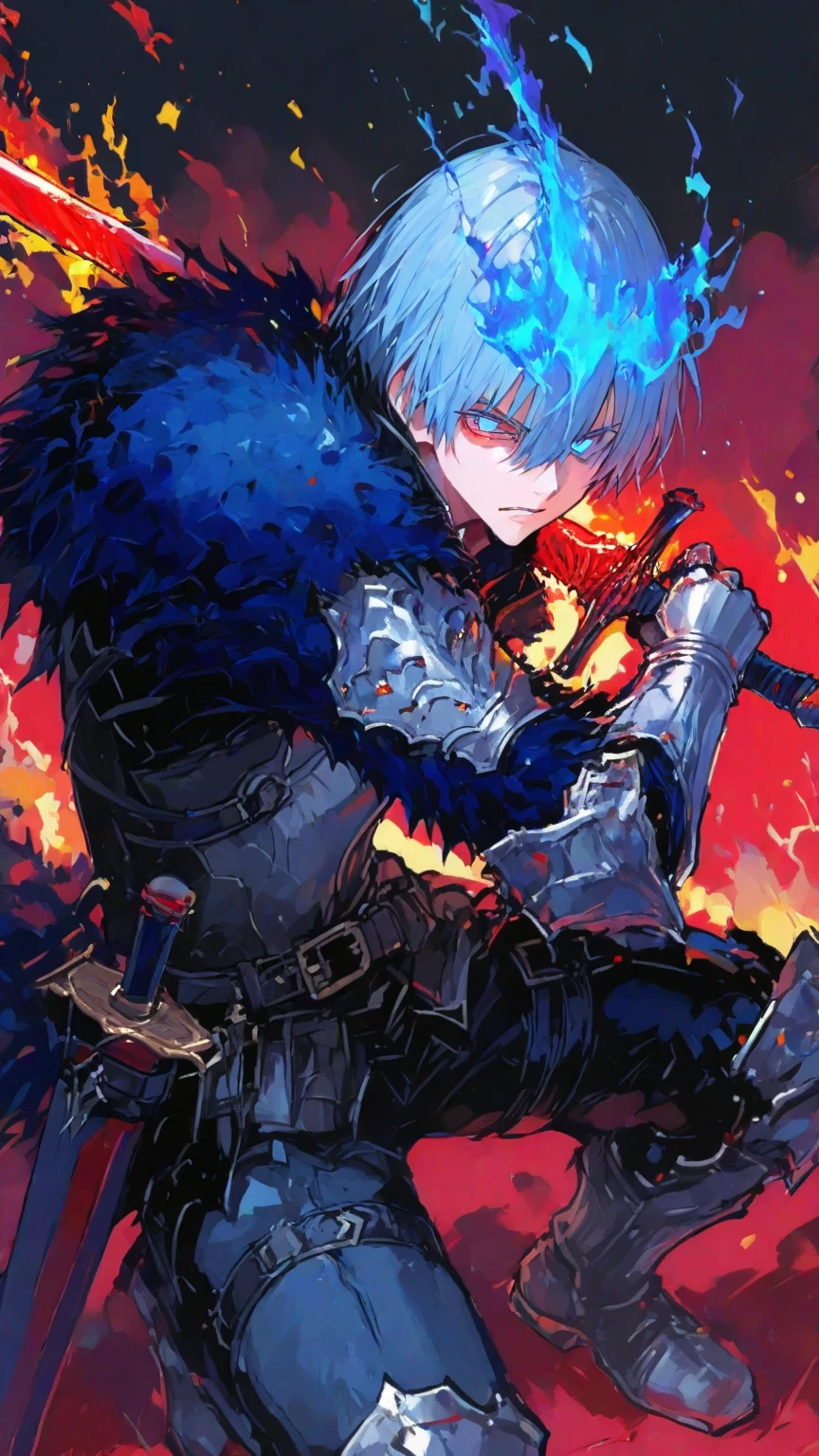 blue hair . blue eye . Handsome and attractive man. Fur armor.Rising flames.sword burns like the lord of the flames, long fighting tired eyes bloody. in a combat position(anime style)( masterpiece)(High quality)(keskin detaylar)(HD image )(vivid colors)(splash details)