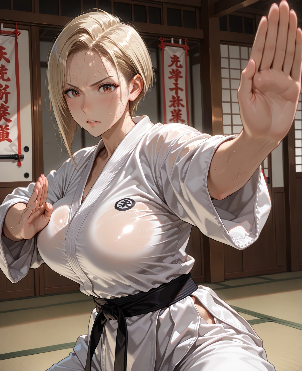 ((highest quality, 8K, masterpiece: 1.3)), sharp focus: 1.2, Beautiful woman with muscular body: 1.4, tall woman, Arms are drooping, slim abdomen: 1.2, ((big: 1.2)), wet body: 1.1, very detailed face and skin texture, fine eyes, double eyelid, sunburned skin, sunburned, sweaty skin, 1 girl, short bob, layered hair, Short and cute hairstyles, intricate details, movie-like atmosphere, 8K, very detailed, (realistic, photorealistic: 1.37), Super detailed, highest quality, realistic, very delicate and beautiful, RAW photo, (((professional lighting)), face lighting, Depth of bounds written, single focus,(((Judo))),((Black belt)) (muscular and healthy), small head, (((beautiful eyes)), real face, realistic face, real face, fine eyes, (fashionable hairstyle: 1.3), viewer, (cool japan women)), intellectual, sports, (smile: 1.15), (closed mouth), Fine and beautiful eyes, (dojo: 1.3), judo athlete, healthy body、((large breasts))、((cleavage))、((The bra is visible))、(((sweaty)))