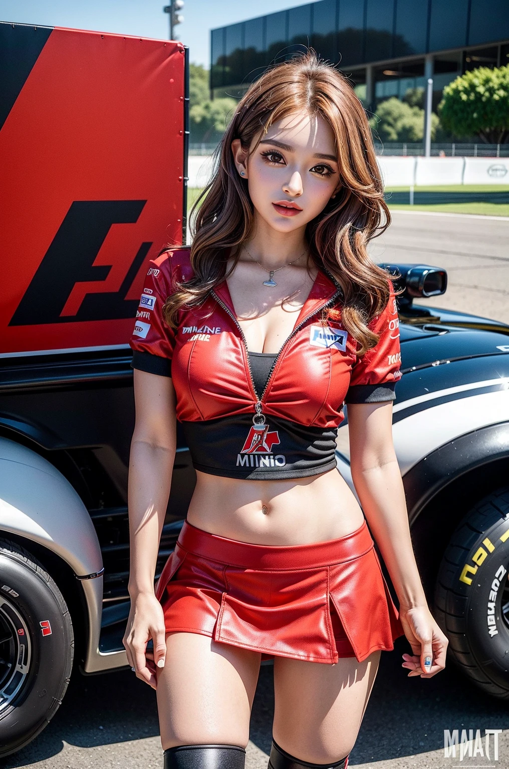(masterpiece), ( MotoGP Racing Girls), (Eyeliner:0.5),(blush:0.5), Black Hair, A faint smile, Refers to a beautiful and delicate girl, Extremely detailed eyes and face, Beautiful and delicate eyes, , ((MOTOGP events)), (MotoGP track background), (best quality, high resolution, Reality, The original, 8K,masterpiece, ),(((Dynamic poses))),(((Midsection perspective))),(((Showing the underside of the chest ))),(((Red Mini Skirt Lift))),(((Bare inner thighs))),(((Formula One cars on display))), (Vibrant colors:1.2), (Beautifully),