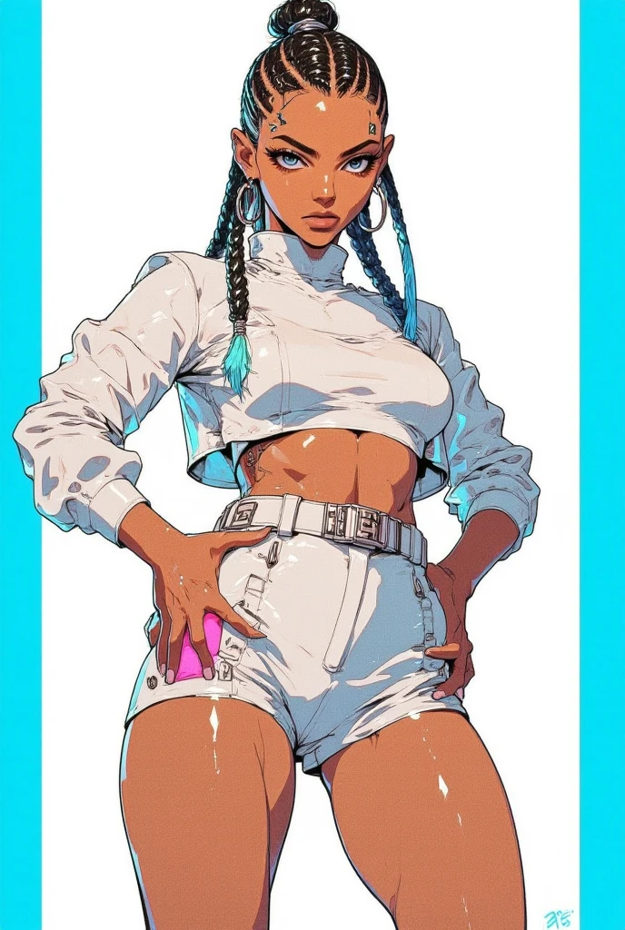 (obra-prima sci-fi), (melhor qualidade), (ultra-detalhado), (corpo inteiro: 1.2) nsfw loli garota negra, crop moletom aberto na frente, Torn pants, (no blouse), pose natural de corpo inteiro, sorriso claro, corpo inteiro, :3, cabelo multicolor, enrolado, encaracolado, crespo moderno, Modern accessories, fundo tom pastel , colorido e simples, sci-fi