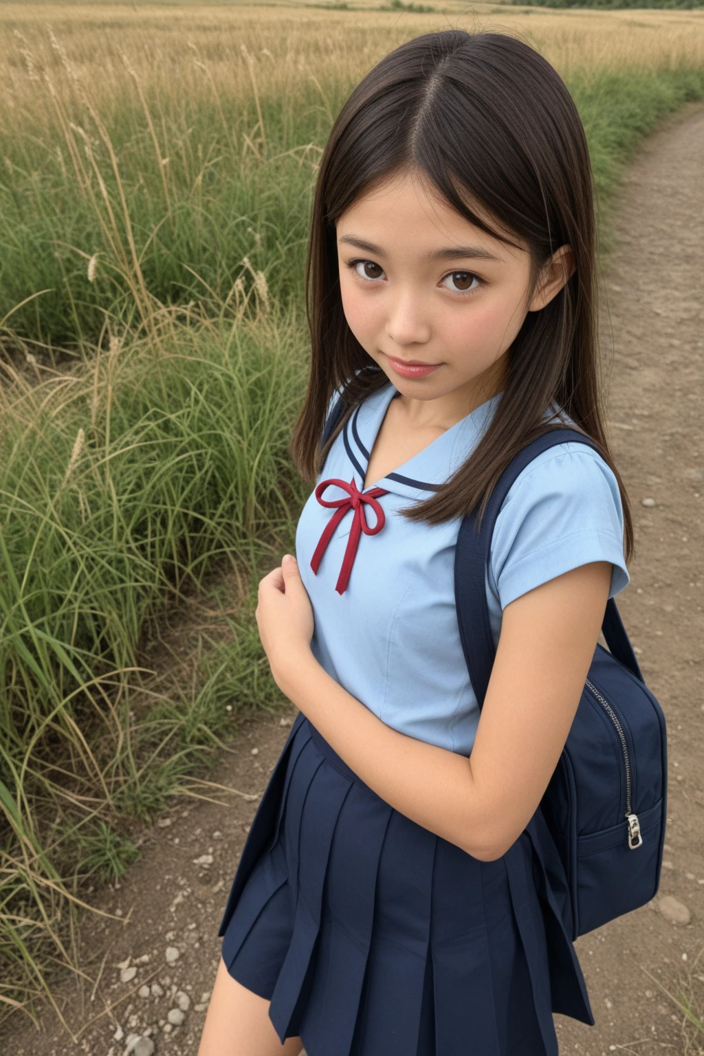 Black hair ponytail　Smooth Hair　Cute girl　　Sailor suit　Double eyelids　Small face　School zone　While walking　School bag　loafers　Low exposure　Navy blue socks　Landscape　View here
