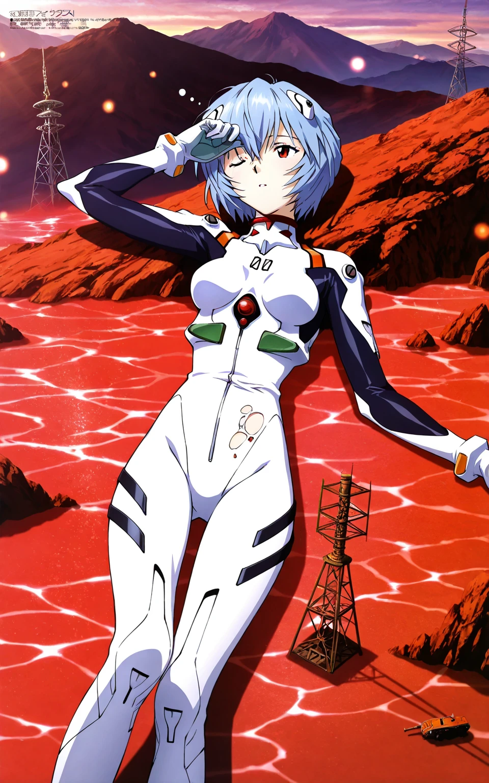 ((Highest quality, 8k wallpaper)),(masterpiece, Highest quality),Very detailed,High resolution,(Official Art:1.3),(((Anime screenshots,Black outline))),One girl,alone, Break mer1,(Rei Ayanami {neon genesis evangelion,}1.2),masterpiece, best quality, outdoor, 1girl, Solo,red eyes,short hair,blue hair, (White plug suit, skintight:1.4), (Covered in sweat, Mass sweat, Sweating profusely:1.5),(wince, surprised, crying shout,vomiting cum, forced orgasm:1.4) , (wading, holding own arm:1.4),(tentacle clothes, tentacle in clothes, tentacle on clothes, Costume and tentacles fused together:1.3), skin tentacles, tentacles pit, straddling on tentacles, covered groin with tentacles, tentacles sex,