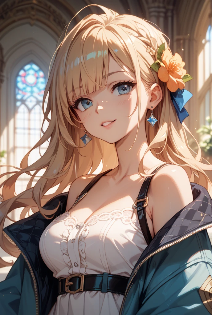 debris flies, highest quality, Highly detailed CG Unity 8K wallpaper, sexy witch , long dark blonde wavy hair、off shoulder knit, dark blue pleated skirt, stockings、medium breasts, saggy breasts, Pose that emphasizes the chest, blush, shy smile, bare shoulders, (pink lace panties、pink good、open your legs wide）、、nice magic book、Cathedral of the Church、Put your hand on the pillar and turn around、stick out your butt、、
