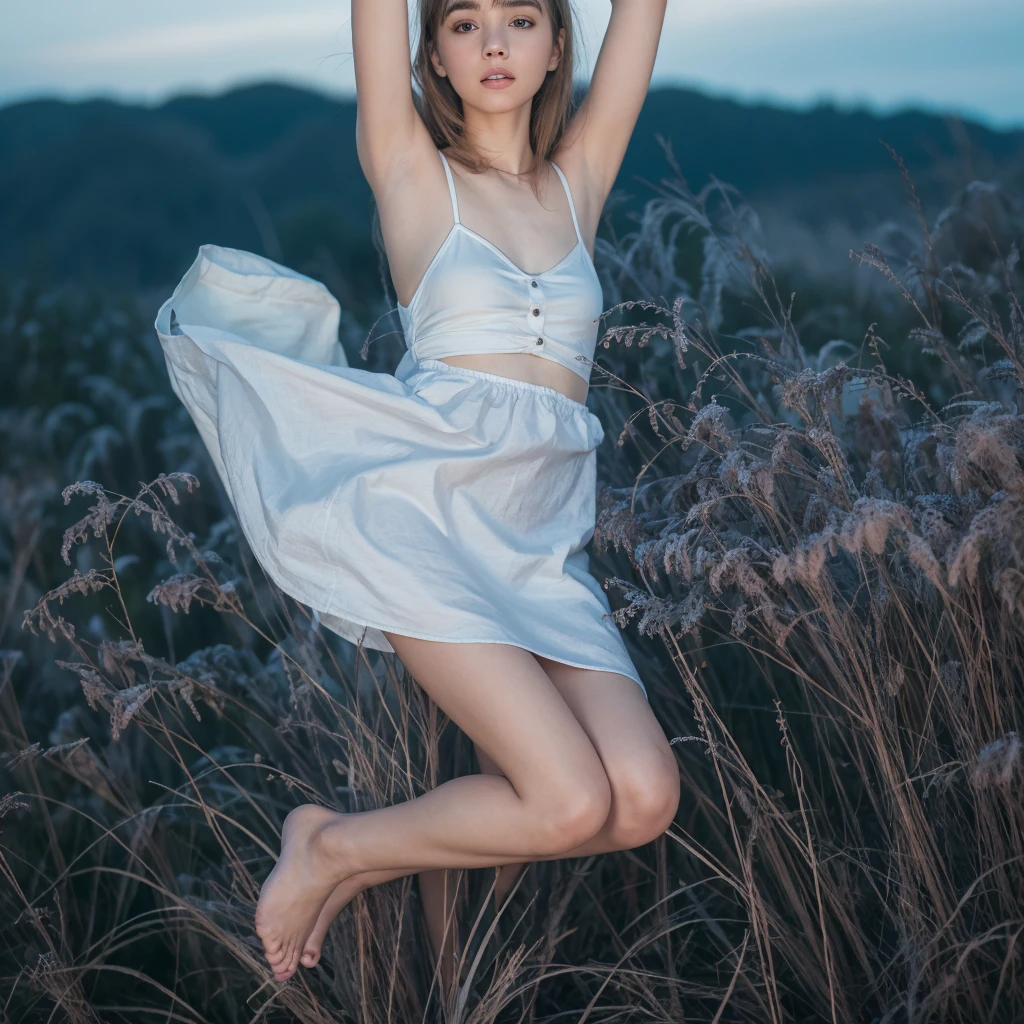 (best quality,4k,8k,highres,masterpiece:1.2),ultra-detailed,(realistic,photorealistic,photo-realistic:1.4), profesional photograph, natural light, portraits, a beautiful young japanese girl, 17 years old, bare body, exposed her breast, seductive look, soft glow, elegant beauty, perfect face with soft skinice, detailed blue grey eyes, sexy pose, delicate skin texture, flowing messy hair, lustly expression, sexy posture, collarbone, naturally droopy breast, (sitting:1.2) with (cross-legged, knees up, bare foot), (grass field with skyline:1.4), subtle shadows, daylight and clouds background, shallow depth of field, foggy and greeney atmosphere, fine art photography, close up, (seen from below:1.4), facing forward, photon mapping, 