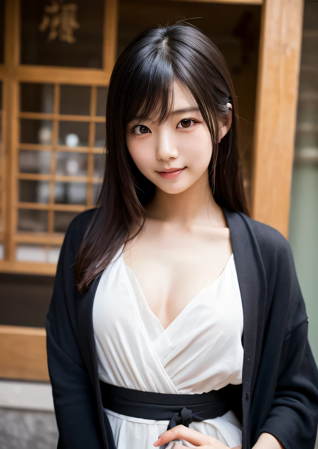 Best-quality, Masterpiece, Ultra-High-Resolution, (Photorealistic:1.4), Raw-Photo, Best-quality, Masterpiece, Ultra-High-Resolution, (Photorealistic:1.4), Raw-Photo, 1girl, ((the most famous Japanese idol)), ((extremely cute face like the most popular Japanese idol, (((extremely beautiful big-black-eyes))), extremely beautiful hair)), extremely beautiful skins, extremely realistic skins, extremely beautiful long-eyelashes, extremely beautiful lips, extremely beautiful cleavage, innocent smile