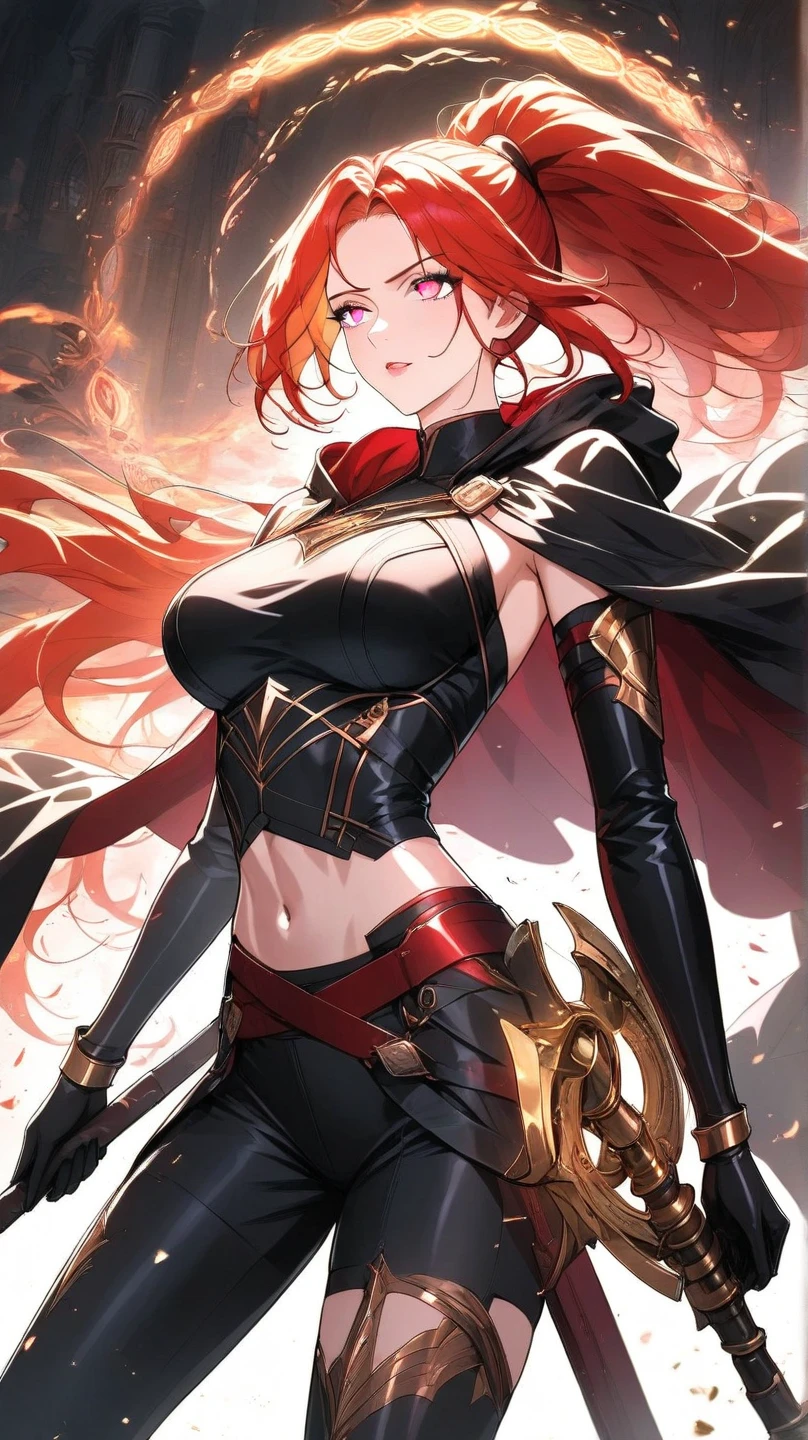 An outstanding painting of a beautiful white girl, flaming, surrounded by flames, dota2 fire girl style, ghost knife style, fire-like hair, long red hair, watery blue big eyes, thin waist, wide hips, mage robes, magic colors, World of Warcraft style, By Blizzard Entertainment, Ultra HD, 8K, real skin texture, best light, best shadow, Lina from dota2, action, wizarding world, overhead view, small mouth, Small nose, big eyes, cute