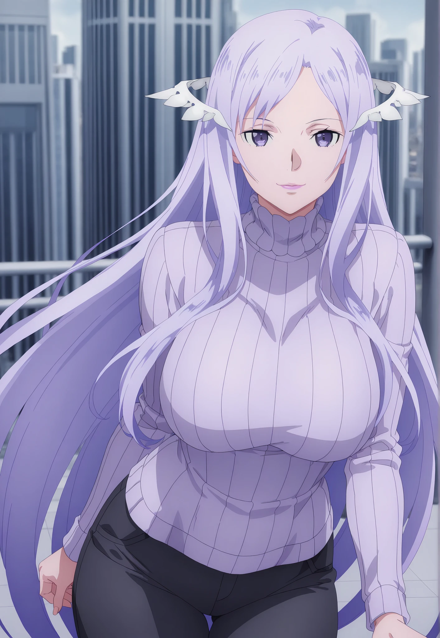 anime coloring, quinella, 1girl, Mature Female, long hair, light purple hair, purple eyes, big breasts, ((turtleneck sweater, black pants,)), smile, Lips, view detailed body, (((Sexy,))) ((turtleneck sweater, black pants,)), city,