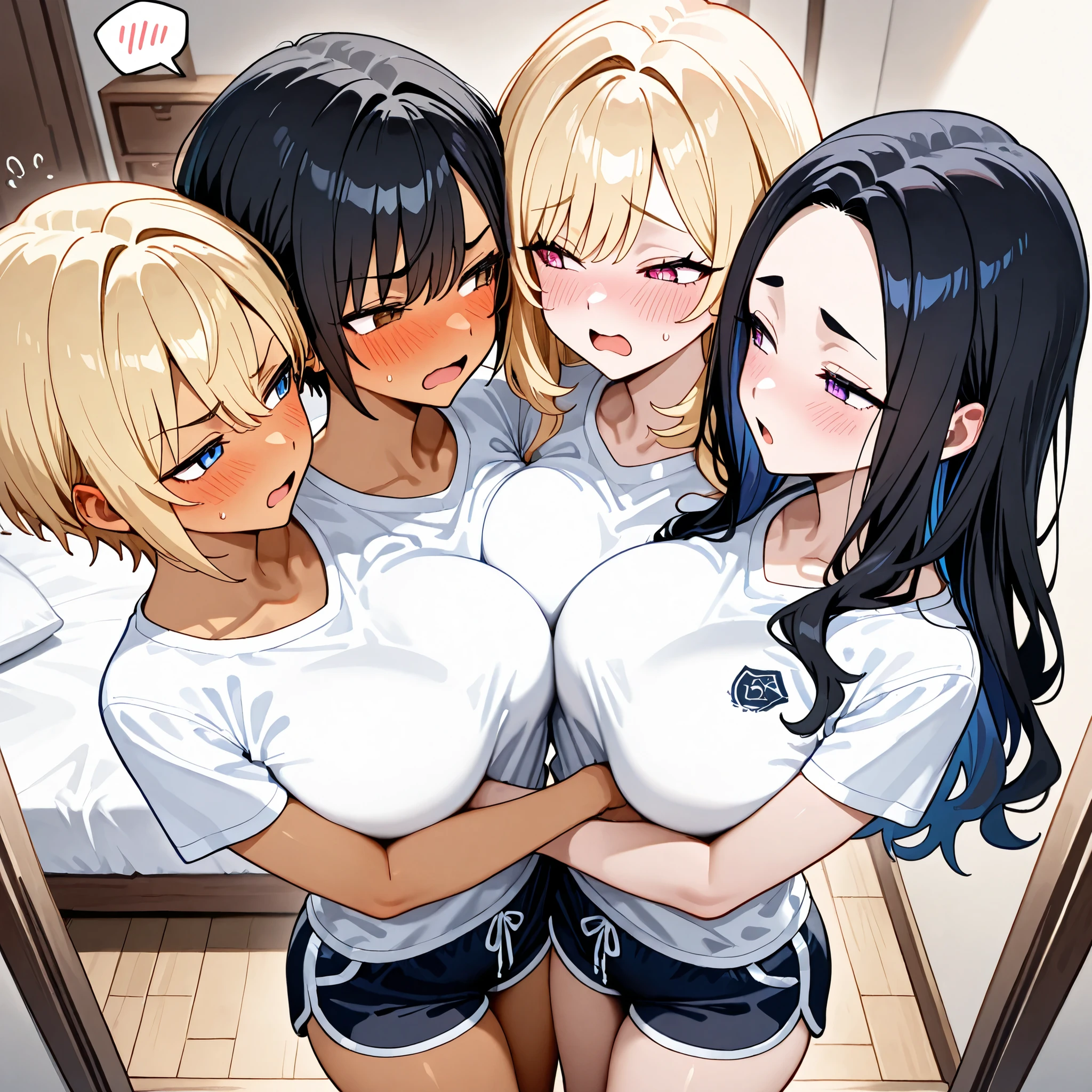 {4girls}, {{four heads}}, {{Two Torsos}}, {{conjoined}}, {four breasts, big breasts}, two-tone skin, different hair colors, {Girl Like A Prince, good-looking girl, boyish, very short black hair, cool, beige skin,} {cute girl, kind face, droopy eyes, long blonde hair, tan skin} safe_pos, {ultra-high image quality of processing、high resolution、details、masterpiece} score_8_up, source_anime, hug, holding each other, looking at each other, view from above, full nude, open mouth, talking to herself, Obscene Japanese speech, embarrassed, upset, frustrated, half closed eyes, wearing shirt and dolphin shorts, inside bedroom no other heads in background, no tail, no hair around the area, 4heads, a tall thin woman with 4 heads,