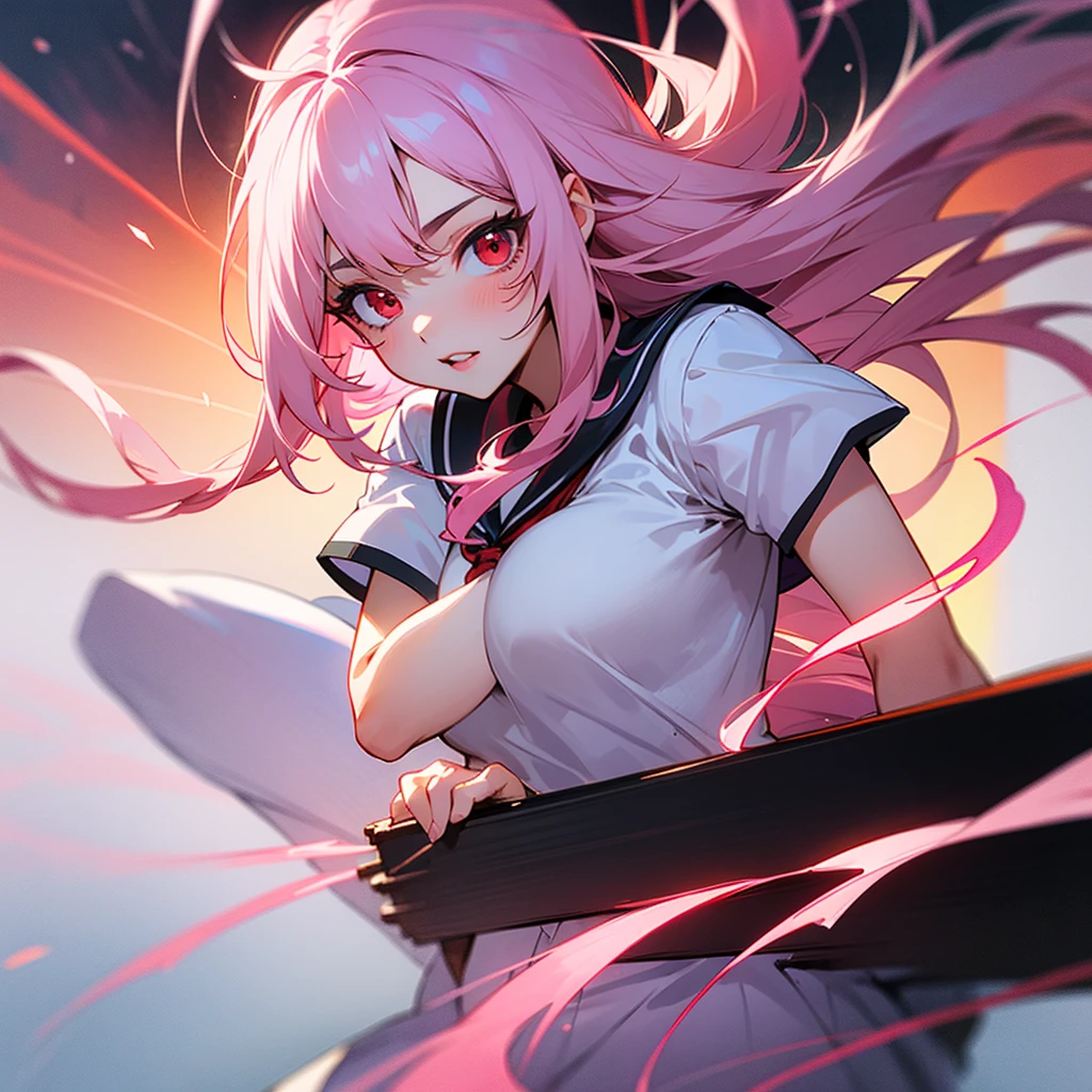 ((best qualityer)), ((work of art)), (detailded), 1 girl, ombro to ombro sweater, long black socks,long light pink hair,light blue eyes, ((flat breasts)), psycho smile,eyes wide,holding a large bazooka,((stained with blood)), ((Face covered in blood)),roupa stained with blood
