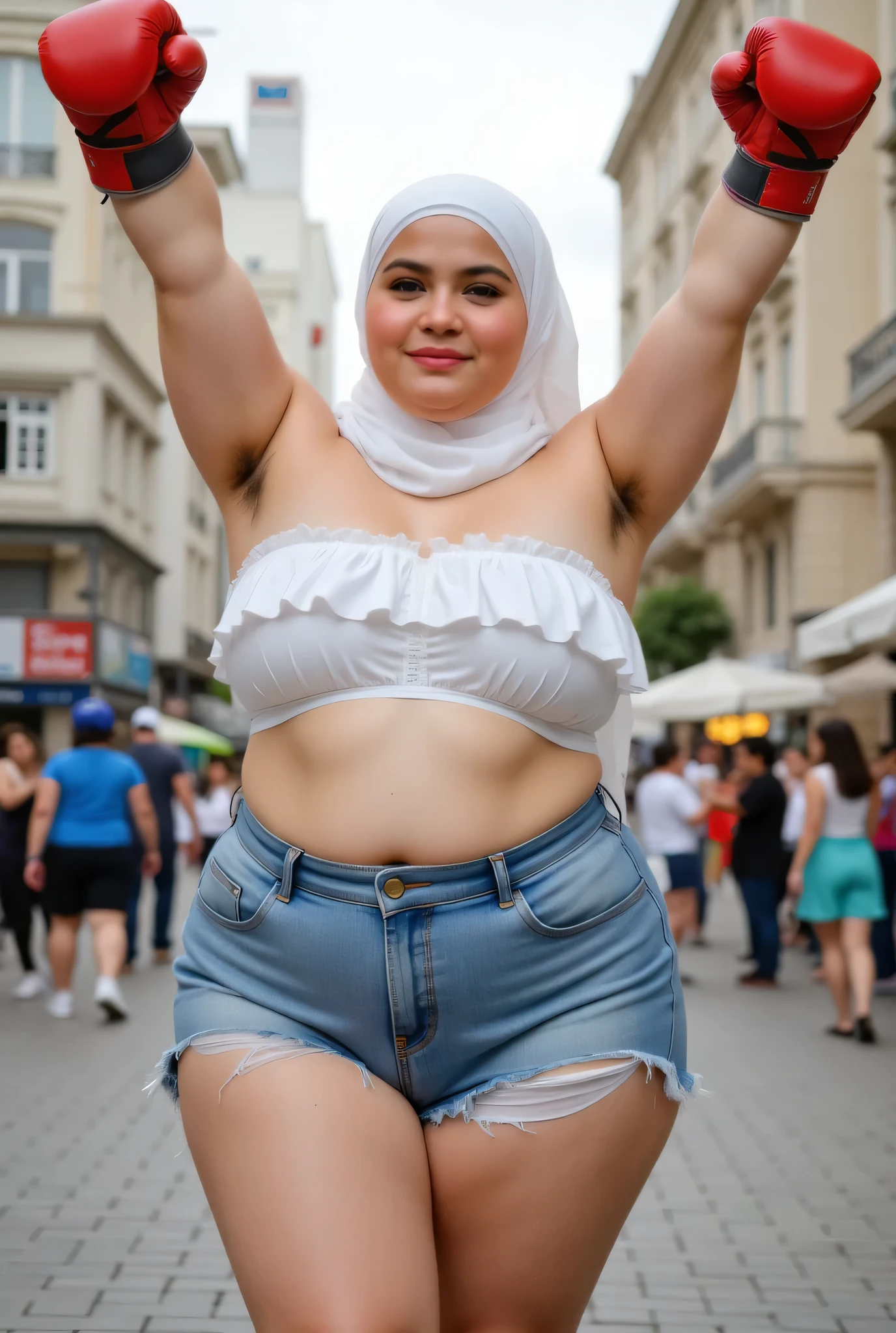 Chubby front view, HIJAB. (Ruffle top strapless ). BOTH HANDS IN STRAIGHT UP LIFT WEARING RED BOXING GLOVES, hairy Arm pit, too much very short denim micro-shorts unbuttone. Background di tengah-tengah kesibukkan kota, SPREAD HAND KE ATAS.