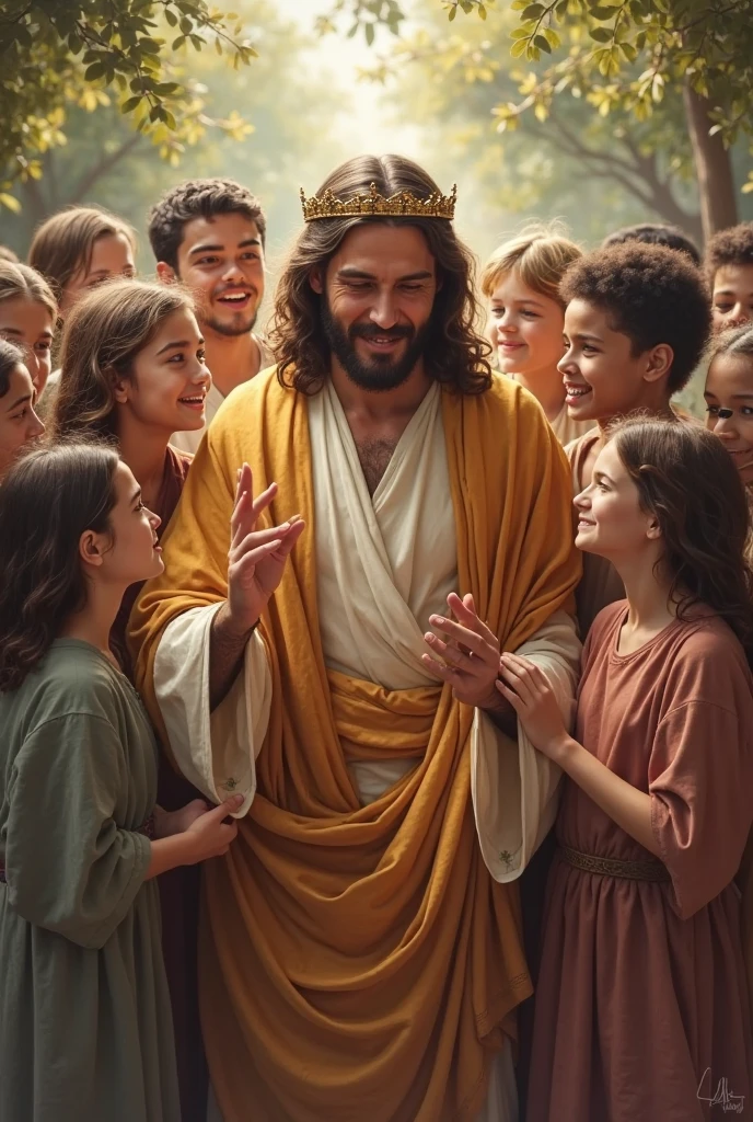 Image of Jesus placing a beautiful golden crown on the children with a realistic effect