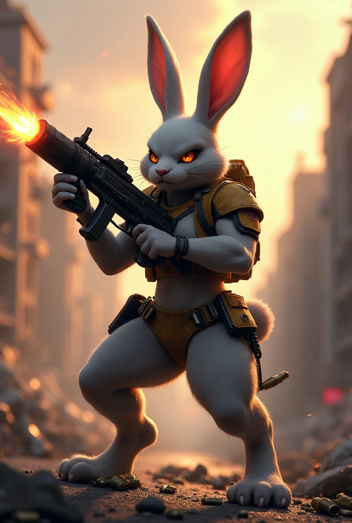 A woman wearing a rabbit mask is throwing carrots。White bodysuit。slim。background、explosion、Silhouette of a burning city and a giant robotic raccoon figurine、Countless rabbits。Powerful action。Super Heroine。cute。sexy。Highest quality。