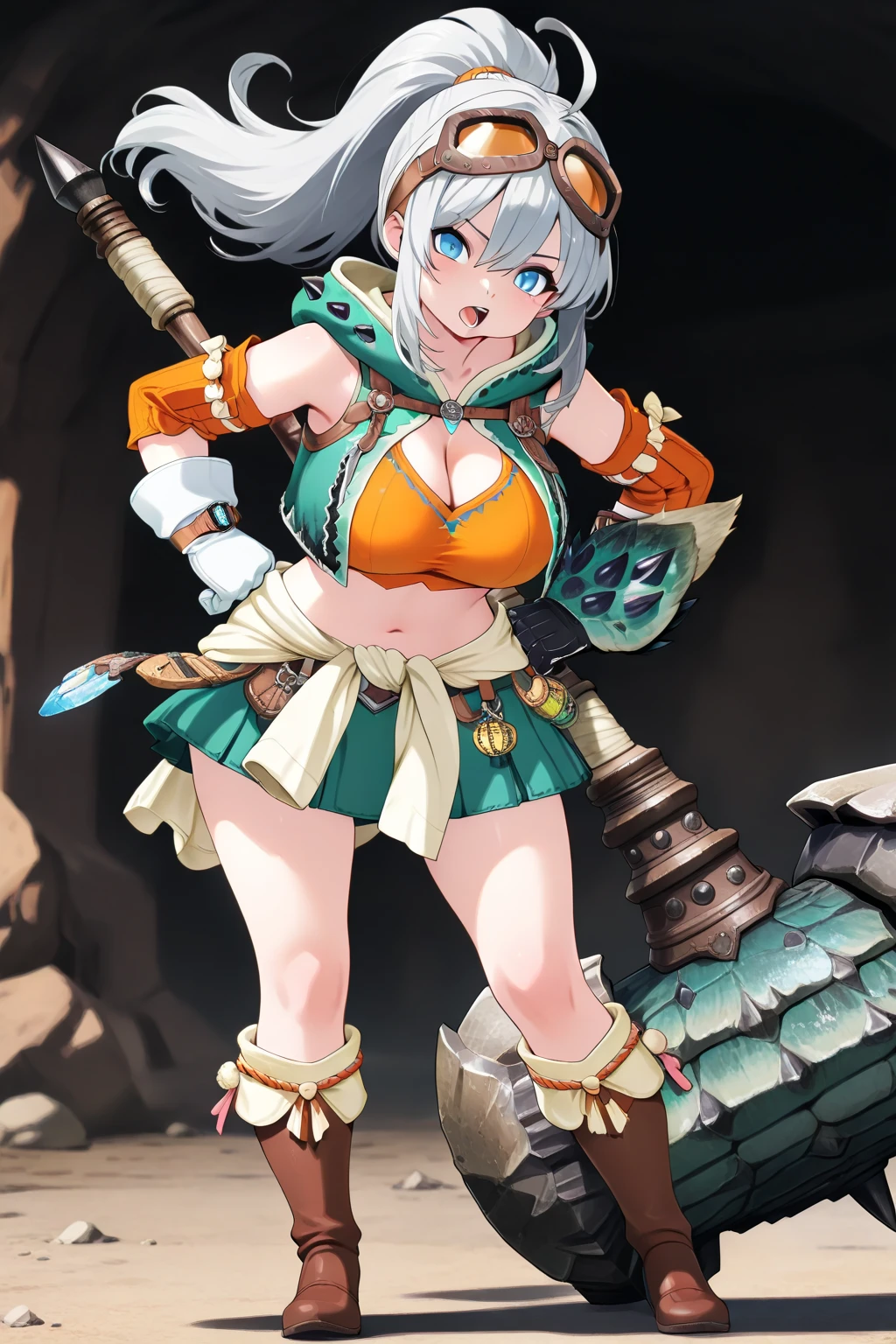 1 skinny girl, solo, light blue hair, (red and purple heterochromia), (red right eye and purple left eye:1.2), bending back, looking at viewer, BREAK, black plunging neckline short dress, dark yellow cropped jacket, black thighhighs, BREAK, (bouncing unaligned huge breasts:1.3), cleavage, very short torso, (inconceivably narrow waist), thin long legs, BREAK , holding a spear, BREAK, nsfw, crotch, (coverd perky nipples:1.3), desert, desert storm, rocks at background