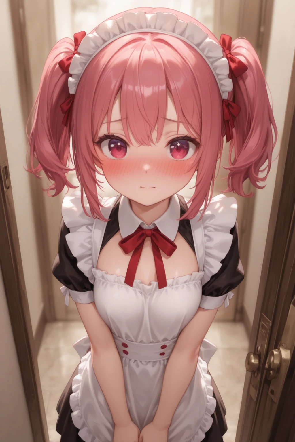 muste piece、masterpiece、highest quality、Super detailed、High resolution、8K portrait、High definition CG of Unity 8k wallpaper、cute type little:1.5、Lori:1.5、Highly detailed CG unity 8k wallpaper、Realistic、real person、 portrait photography、shiny skin、High definition、(16 years old:1.2)、(1 girl)、beautiful clear eyes、extremely detailed description、delicate face、nice lips、slender body、flat chest、(thin waist)、thin legs、(garden:1.6)、1 girl, cute type, perfect face, seriously, (blush:1.5),(Pink hair twin tails:1.3),(flat chest:1.3),((Maid clothes:1.3)),(black dress),(half nude),(I have nipples:1.2),(looking at view),(from front),gran,((climax in vagina:1.5)),(squat),(hand behind head)