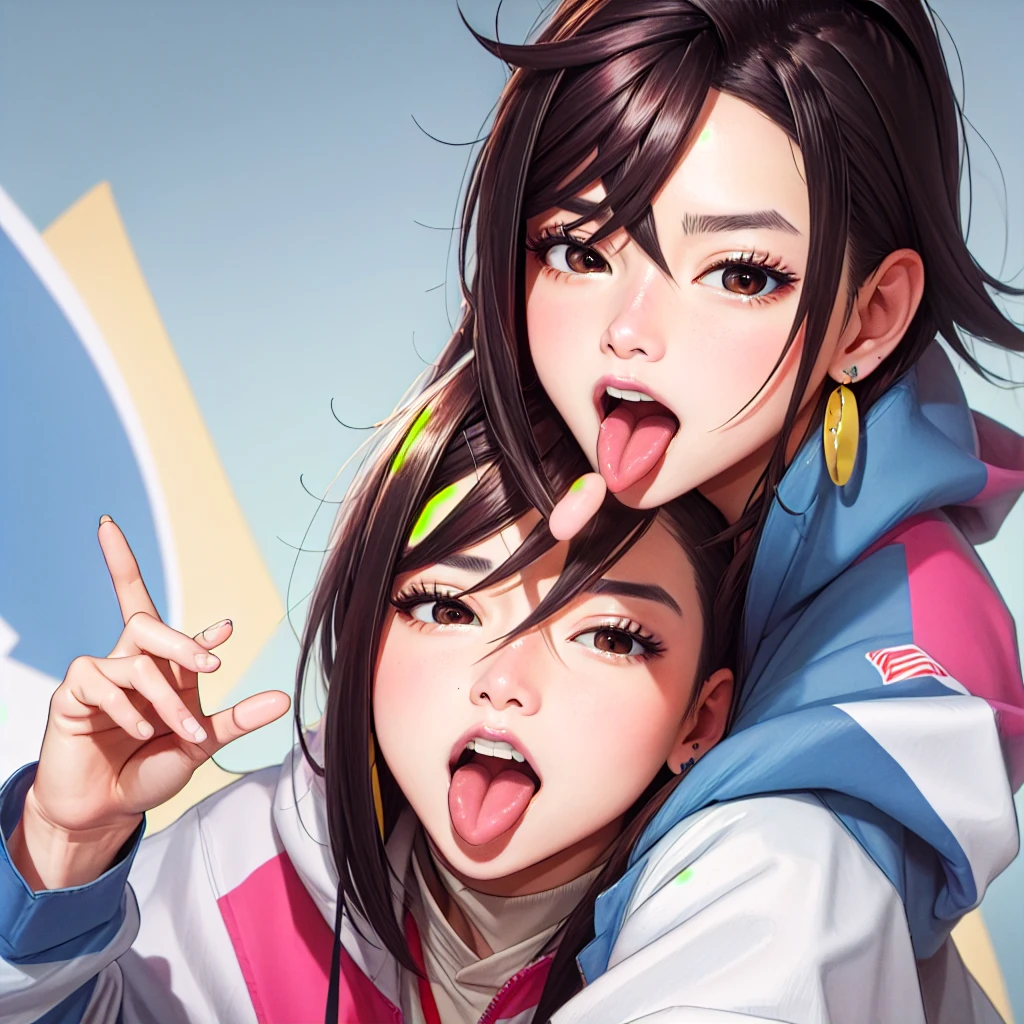 a photo of two women opening their mouths and tongues coming out and lesbian and tongue and tongue out and wide open mouth and they look different and have different hairstyles and yuri and looking at viewer and facing viewer,(log tongue:1.4),(saliva trail,saliva drip:1.2),tongue out, face close-up, wide open mouth, looking at viewer, short hair, brown hair, teeth, black hair, upper teeth only, upper body <lora:ahegao cum_V2:1> Detailed teeth,keylight reflection on eyes,detailed iris,detailed pupil,Outdoors, amusement park background, daytime,looking at viewer and facing viewer,(face close-up:0.8), <lora:lesbian tongue kissingV1:0.6>