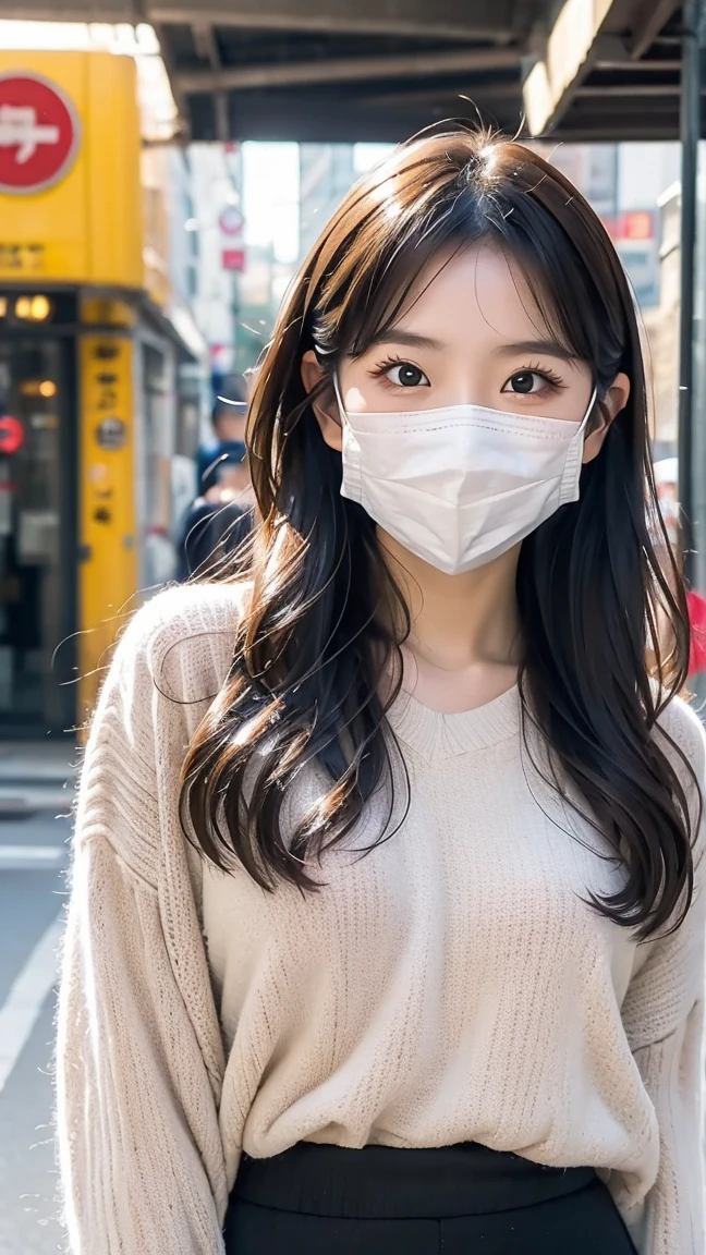 masterpiece、flat-colors、depth of fields、lens flare 1 girl、、Brown hair、watching at viewers black suspenders bulging big breasts Armpit sweat perspiring Side of both hands walls: Black pants, Black jacket chain arma Gaze Small face Bangs Upper Eyes flank masks