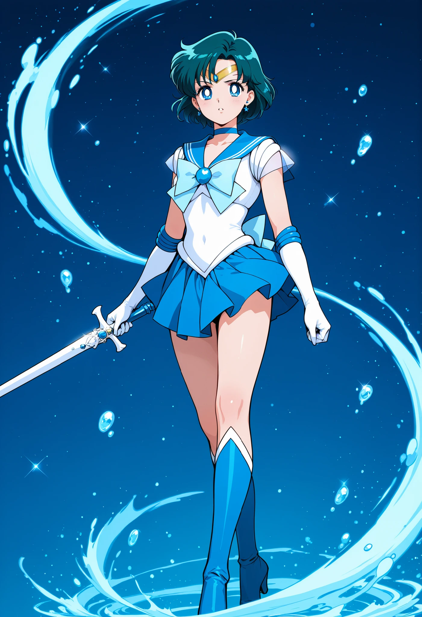 mer1,Sailor Mercury open thighs,up skirt,blood, tiara,torn sailor senshi uniform, blue sailor collar, bow, knee boots, choker, white gloves, blue choker, elbow gloves, jewelry, earrings, blue skirt