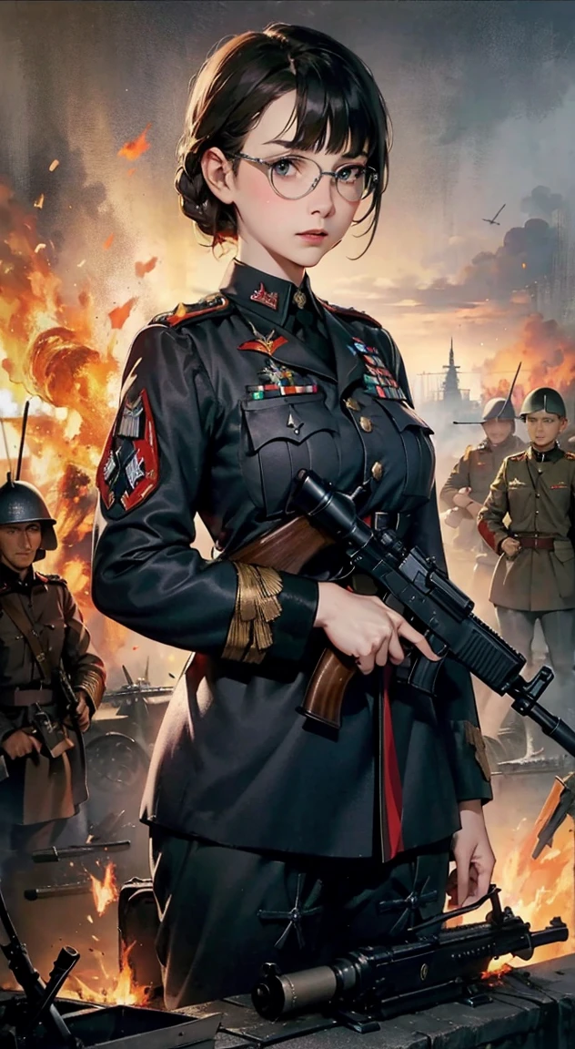 (extremely detailed CG unity 8k wallpaper), (masterpiece), (best quality), (ultra-detailed), (best illustration), (best shadow), (absurdres), (extremely detailed CG unity 8k wallpaper), BREAK girl, sweat, steam, medium breast, nsfw, shy, light smile modest, remote shooting, detailed beautiful delicate face, Detailed beautiful delicate eyes, perfect facial proportions, High definition skin, thin skin, best four inch aspect ratio. With a thumb, a masterpiece, highy detailed, Realistic, (German World War II general uniform reference : 1.8), the highest facial resolution, , mulher modestmente vestida, fully dressed, ( mic, blackquality hair, black bangs straight, super thin braids, bangs straight, Red glasses, dark green eye, science fiction, Fighter aircraft, standing On the landing of a Fighter aircraft, the agency, a deeply intelligent personality, A calm expression, a respectful face, a war, a Fighter aircraft