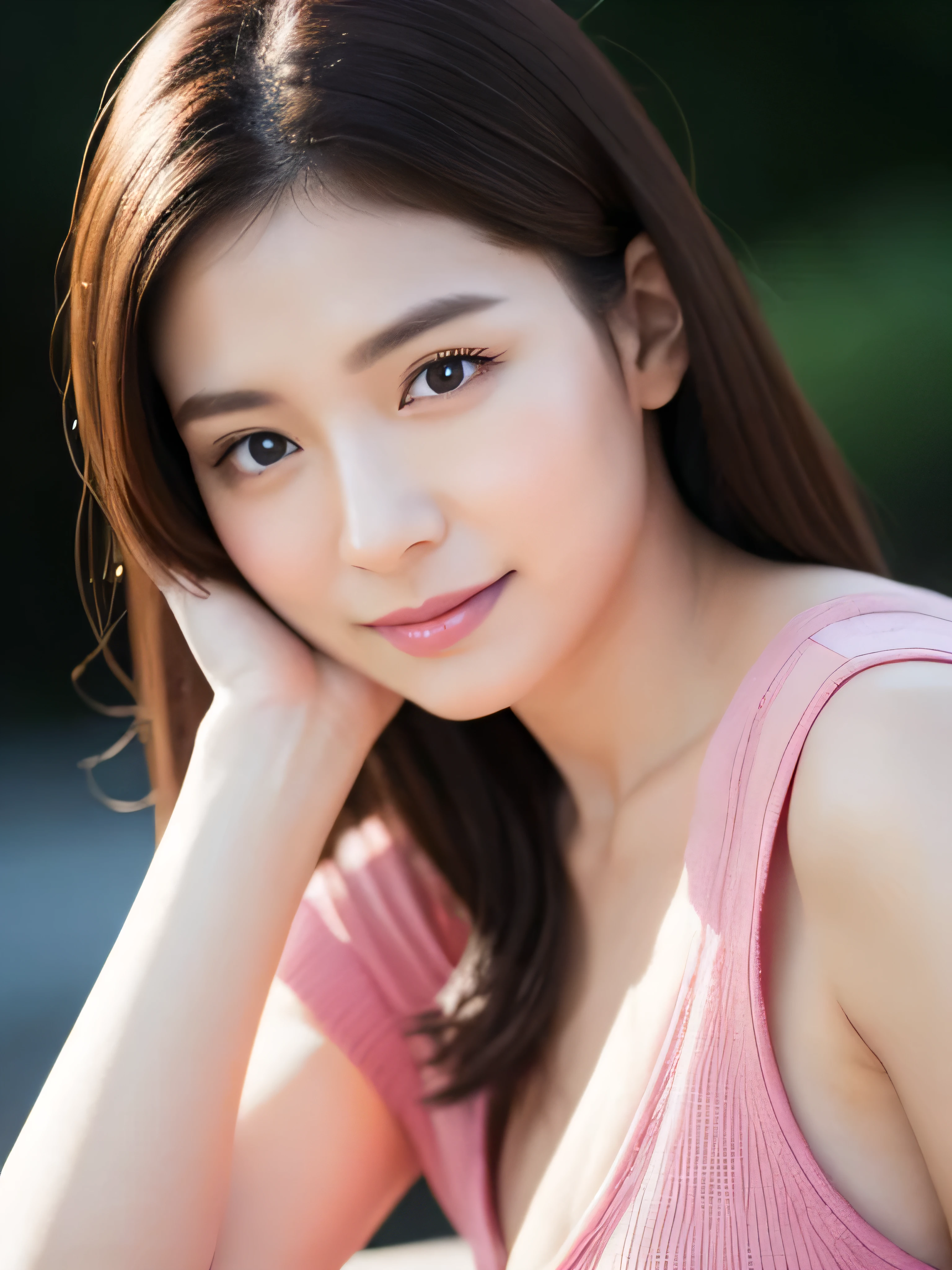 最high quality, In 8K, Masseter region, Vibrant, Sharp focus, high quality, High resolution, Detailed face, Fine grain, Thick lips, (Looking at the audience), alone, Beautiful woman, 38 years old, plum, Short black hair, Cleavage, afternoon、In front of the garden in the park,(Sit with your feet together on the bench:1.5)、(Pink Dress:1.5)、(smile:1.4)