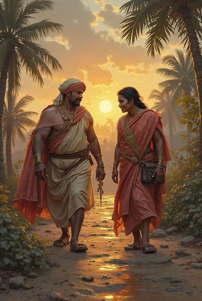Ramoo and Shyamu, both dressed in simple village attire, standing at the river's edge.