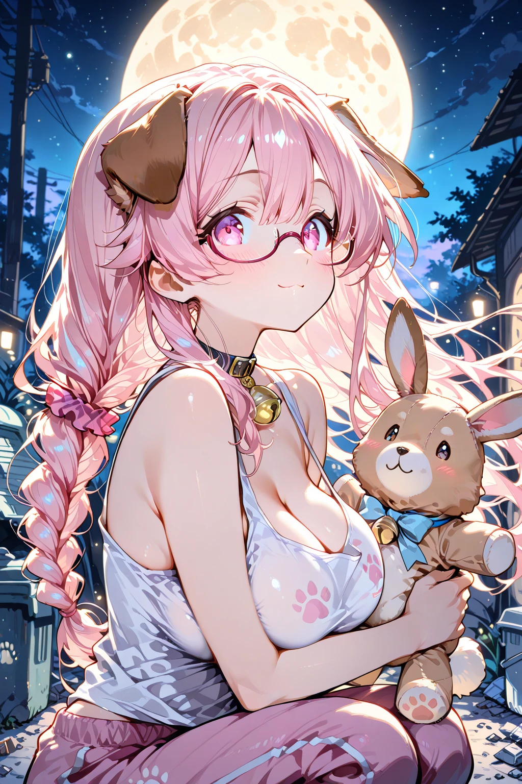 blush, cleavage,glowing aura, natural light, masterpiece, glossy skin, juicy lips ,long hair, cute, kawaii, adorable, kawaii clothes,random hair style,sexy, hot, , random expression, blonde hair, ((pink highlights in hair)), pink eyes, purple bunny ears, bonfie,glasses, pigtails and braids, bright pink eyes, , juicy lips, bimbo, hour glass, smile ,big lips