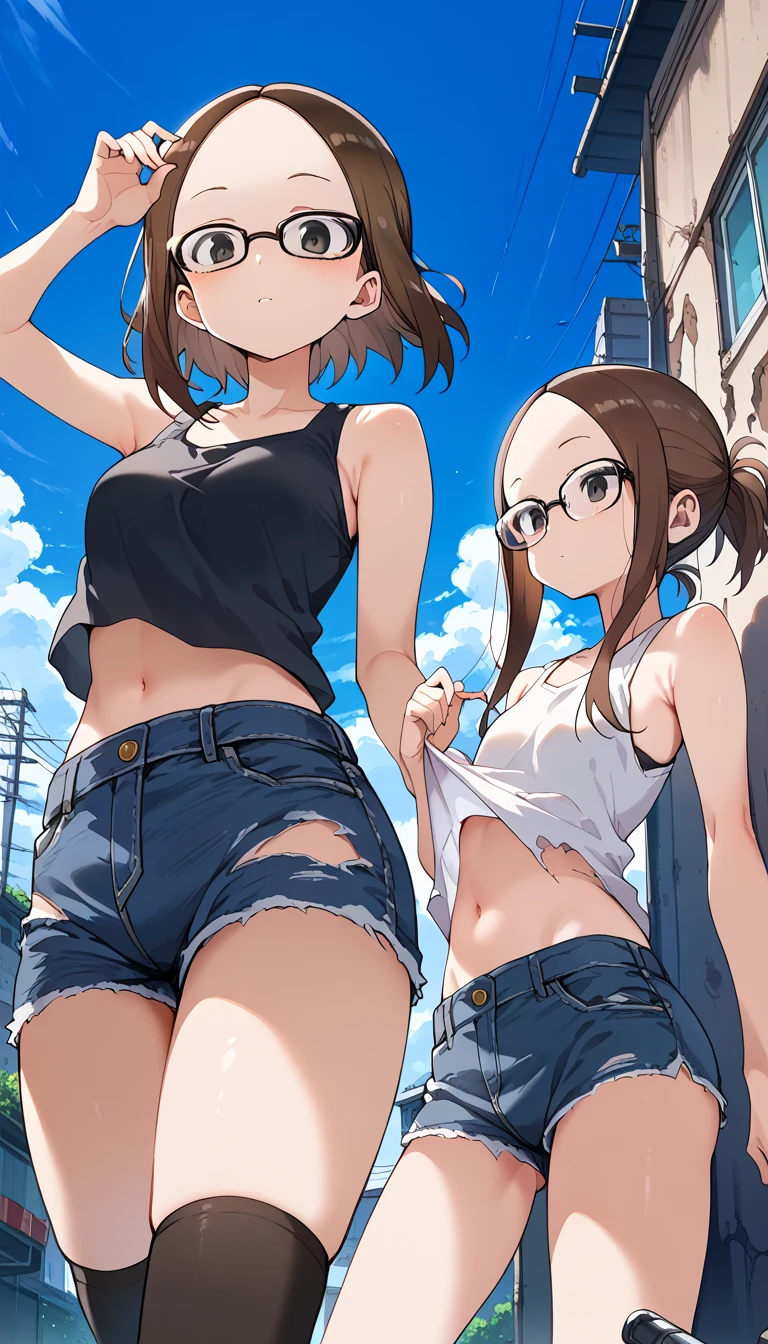 best quality, masterpiece, detailed,2d,flat color, 1girl,14yo,petit,grin,camisole,denim shorts,thighhighs,outdoor,small breasts,twintail,ass,from back