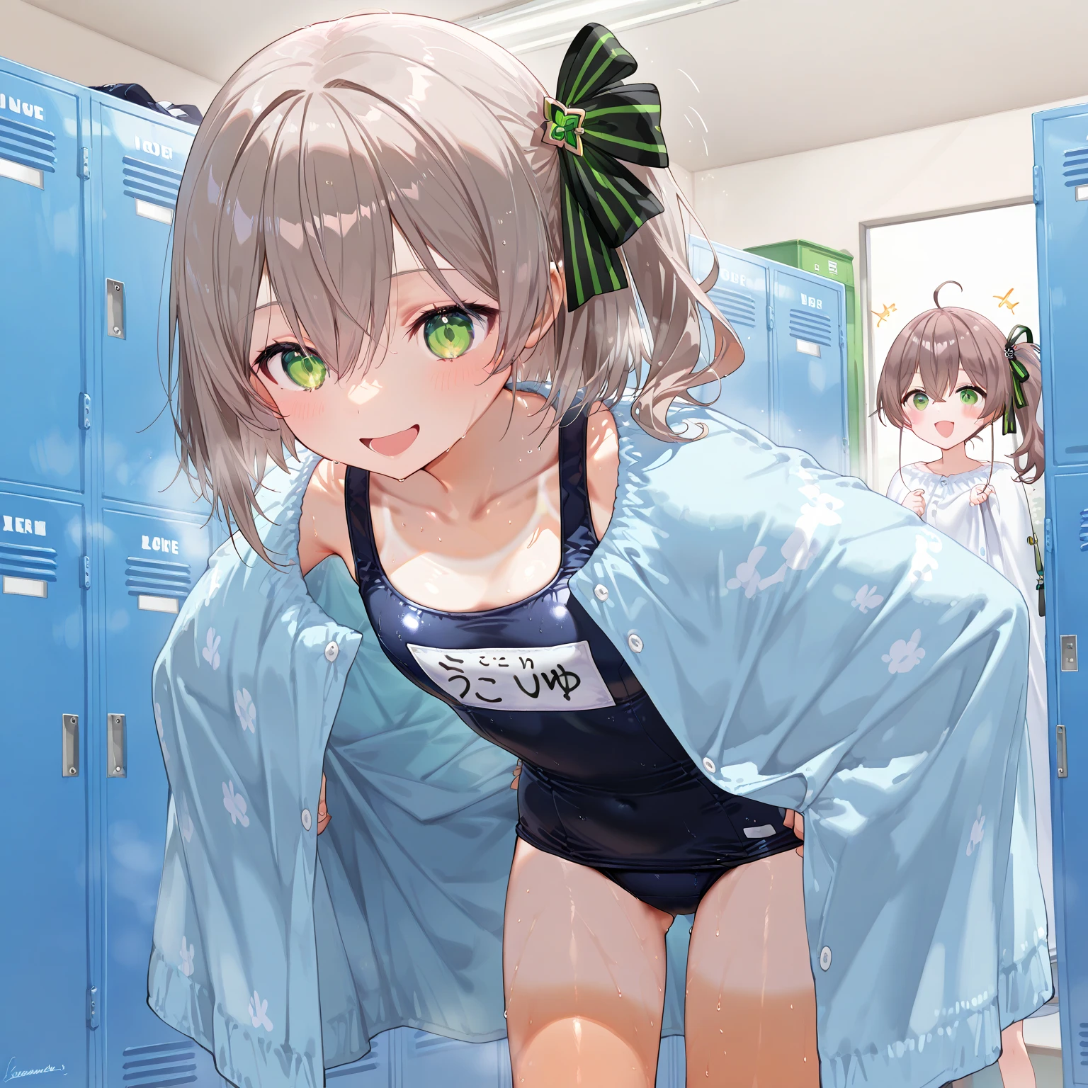 1girl,competition swimsuit kinomoto sakura, solo, green eyes, brown hair, short hair, antenna hair, shiny clothes, locker,shiny, looking at viewer, flat chest,blush,pussy,wet clothes,crying face,high reg
