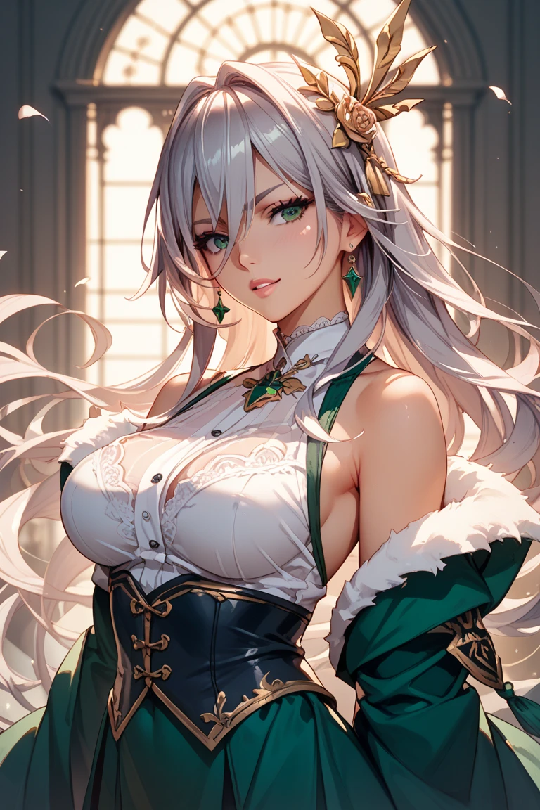 werewolf girl, ((fluffy skin)), paws on foots, fluffy fur on body, ((fangs)), ((claws)), tight crop top, cleavage, decolette, huge metal bracelets, huge metal collar, high over-the-knee boots, light green extremely_detailed_(lacy, fur, silk, satin)_(clothing, skirt), detailed face, detailed beautiful shiny eyes, slit pupils, metallic reflections, futuristic city square, (tatooed, marked)_fit_muscular_body, (((1girl))), portrait, (full body), natural breasts, medium length hair, masterpiece, best quality, beautiful and aesthetic:1.2, fractal art:1.4, 16K, HDR, RTX, Ray Tracing, Radiosity, Anisotropic Filtering, Subsurface Scattering
