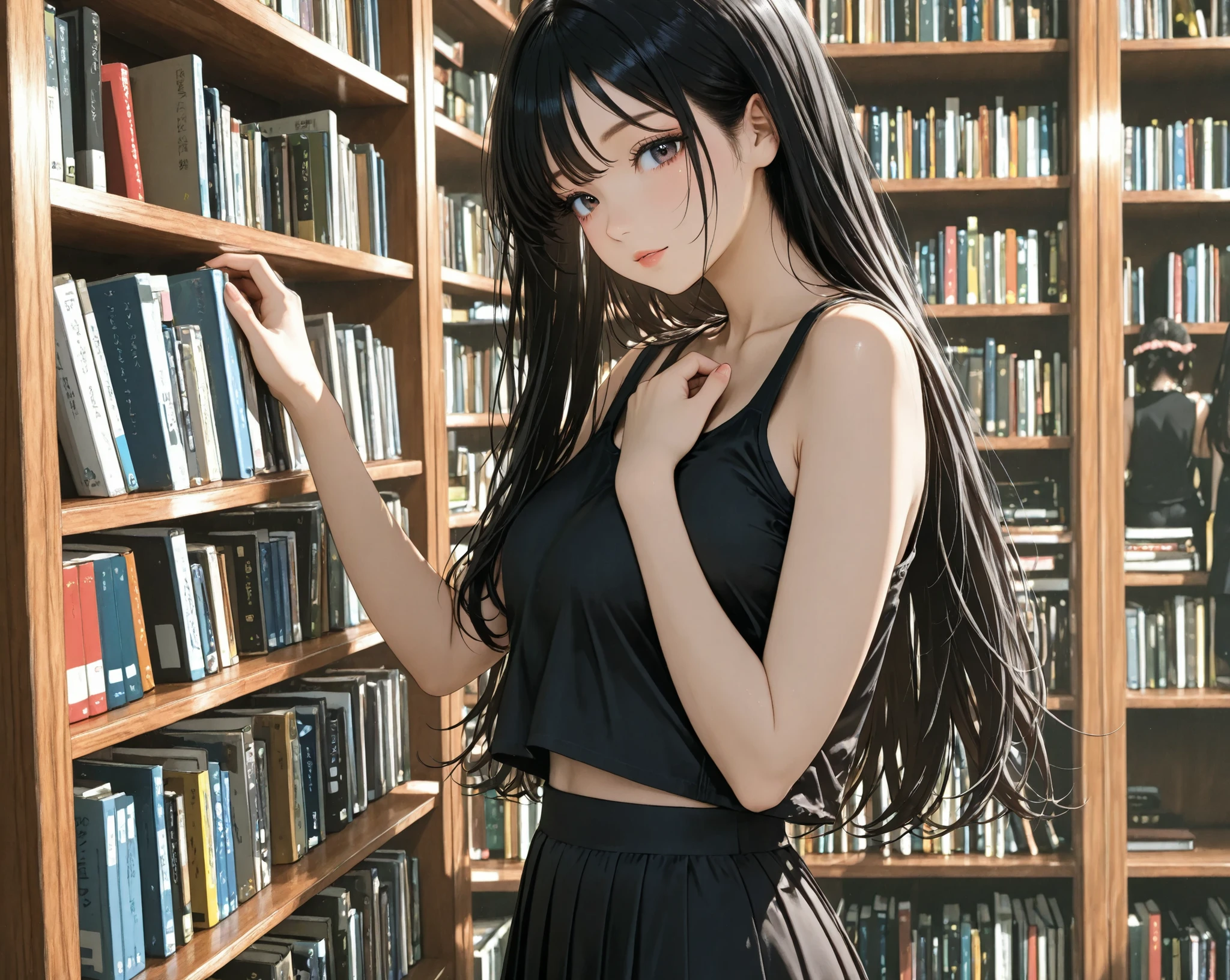 distant view ,from side,long hair,looking viewer,black Hair, model, black tank top ,black skirt, clear makeup,have a books, library,there are other people